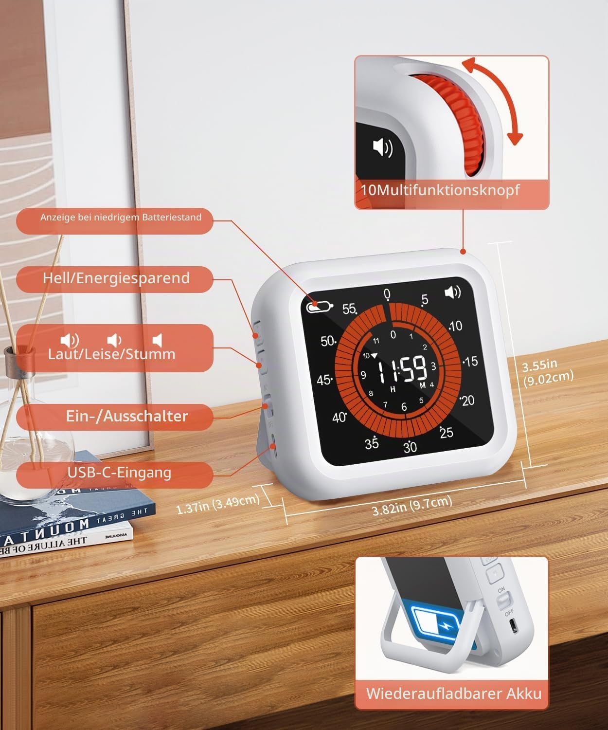 Ein weißer digitaler Timer mit roten Akzenten, der auf einem Holzschreibtisch steht.