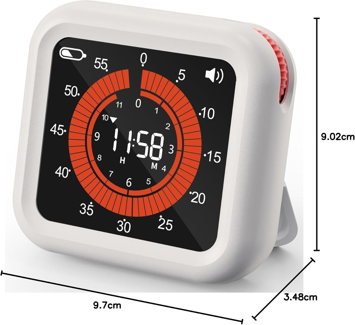 Ein weißer Timer mit digitaler Anzeige, die 11:58 Uhr zeigt.