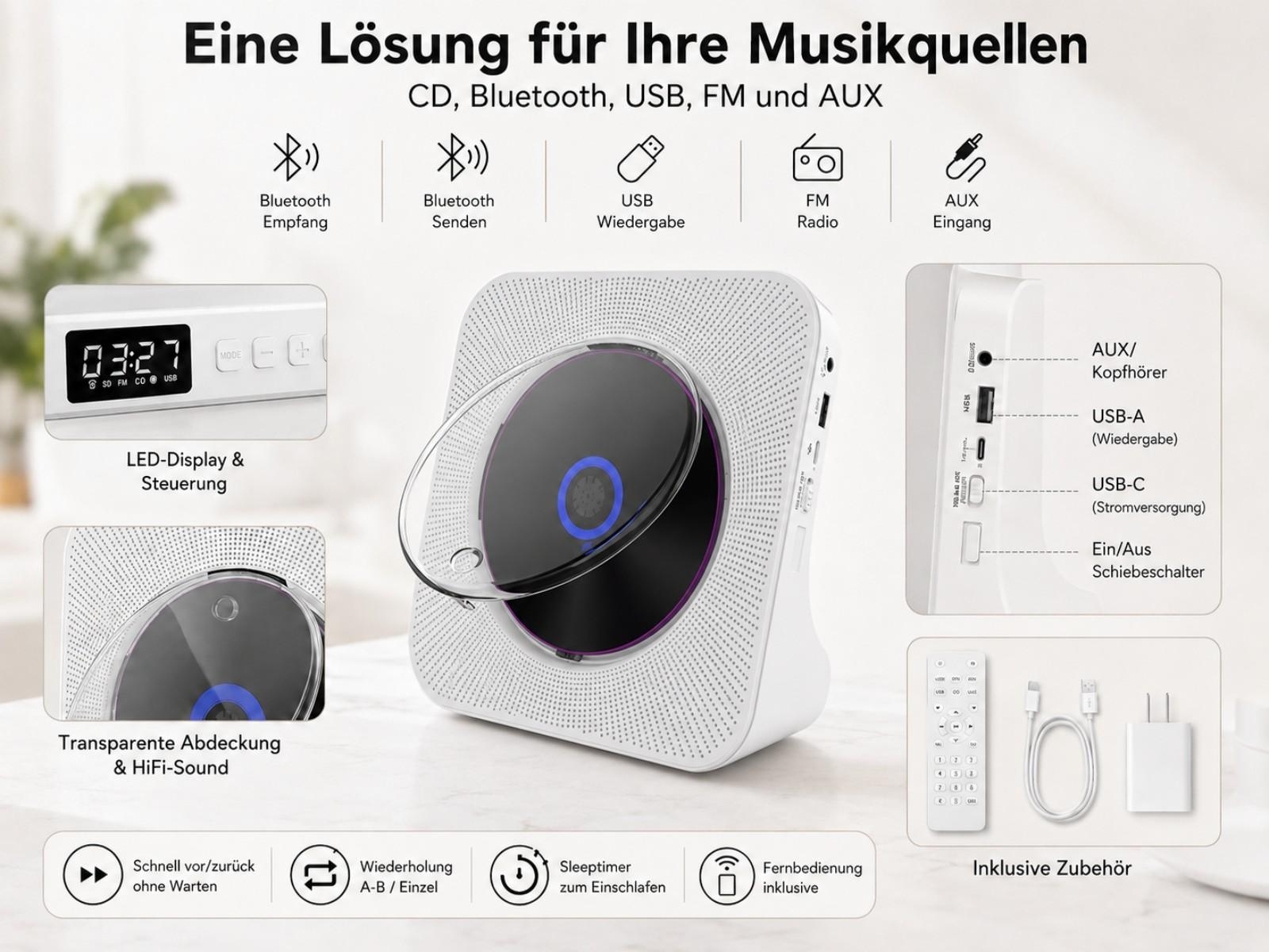 Weiße CD-Player-Einheit mit LED-Anzeige, transparentem Deckel und Zubehör.