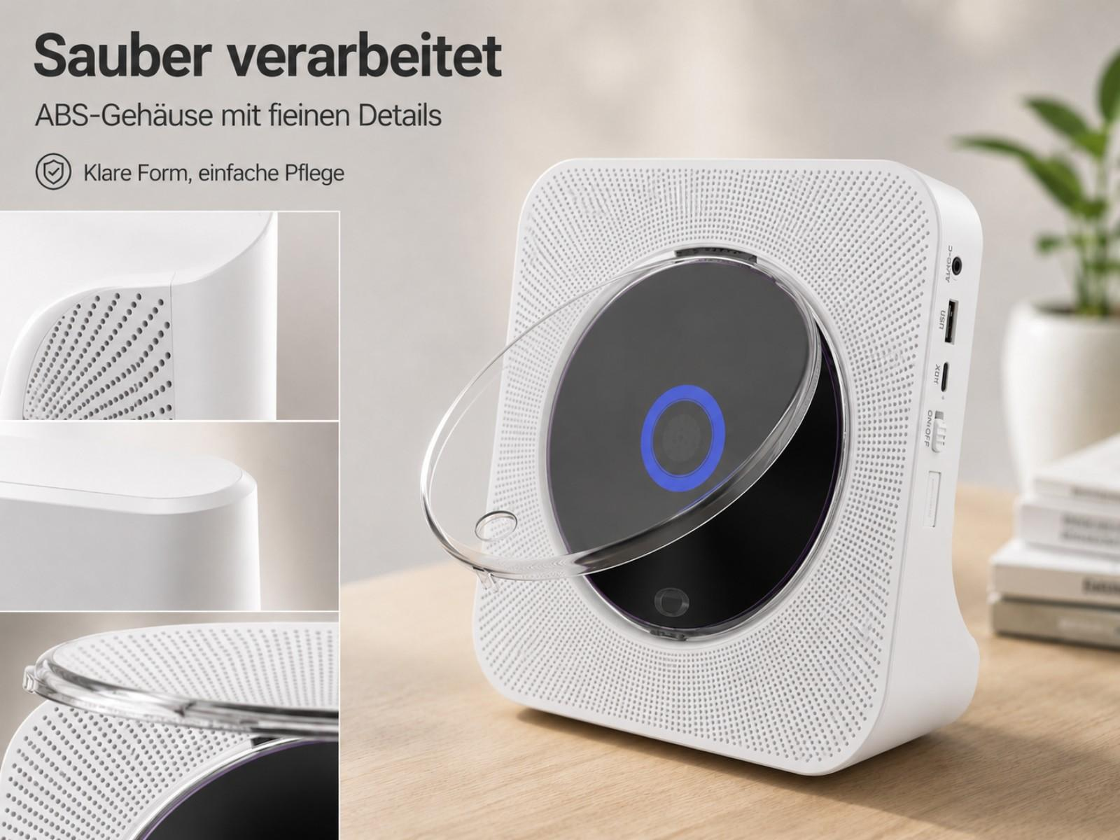 Ein weißer CD-Player mit Klarsichtdeckel und blauer LED-Anzeige auf einem Tisch.