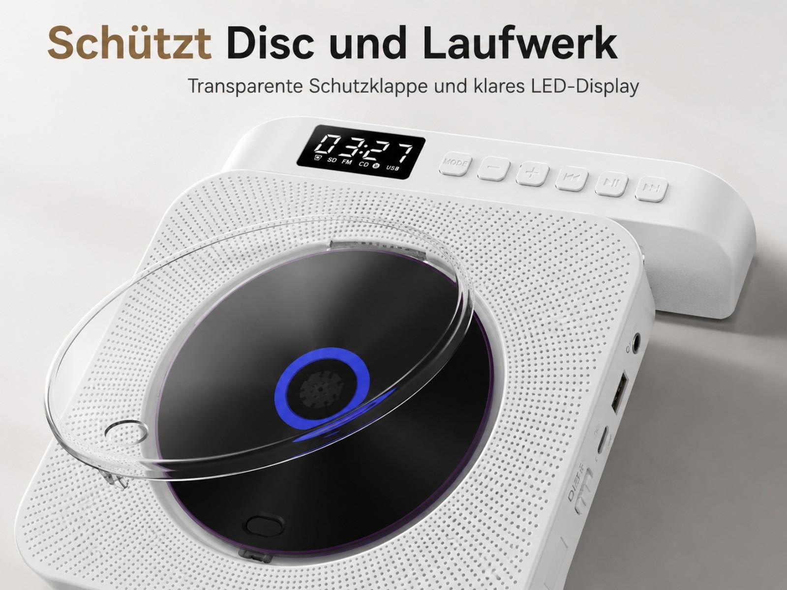 Weißer CD-Player mit transparenter Klappe, blauem Licht und LED-Anzeige.