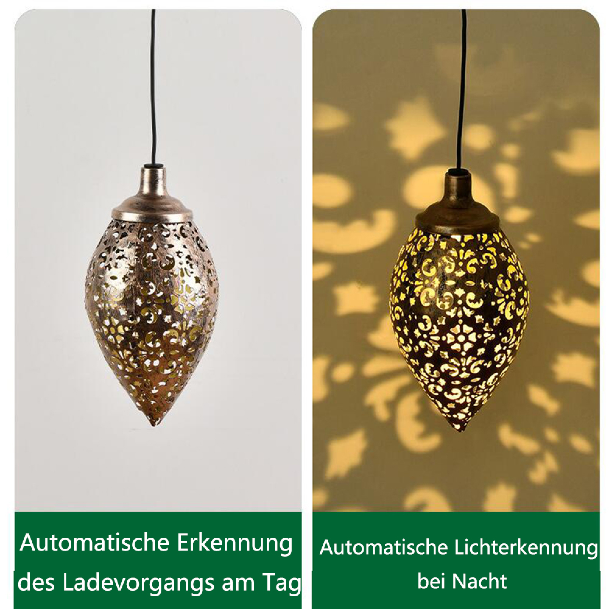 Zwei Bilder einer durchbrochenen Hängelampe: Tag und Nacht mit Lichtprojektion.