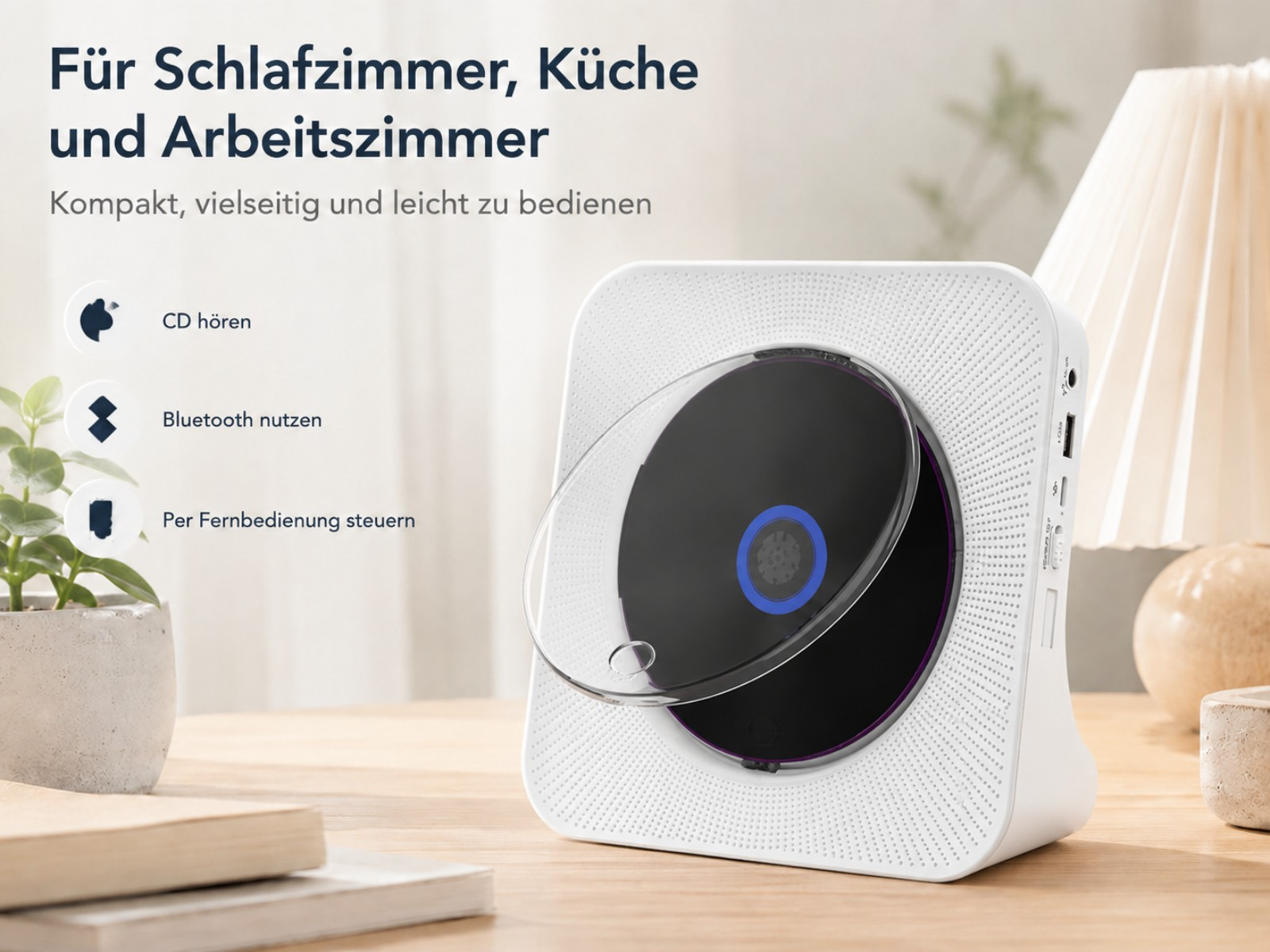 Ein weißer CD-Player an der Wand, mit CD-Fach offen. Daneben Texte.