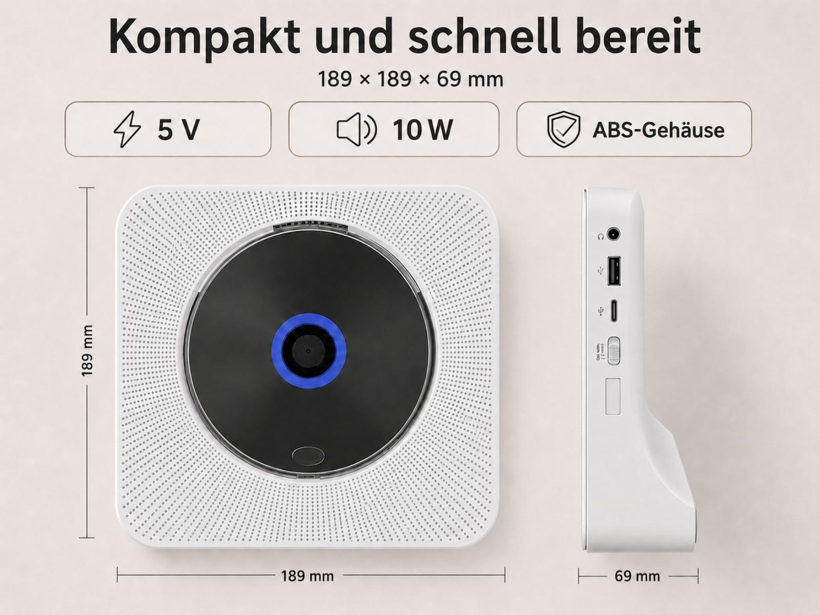 Kompakter weißer CD-Player mit 5V, 10W Leistung und ABS-Gehäuse.