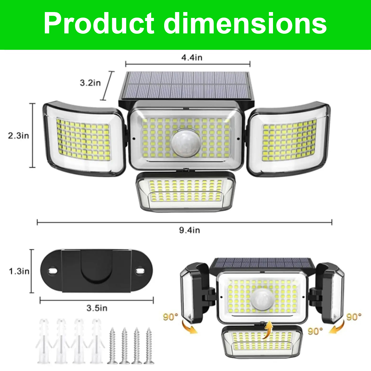Produktabmessungen eines Solarstrahlers mit drei verstellbaren Köpfen.