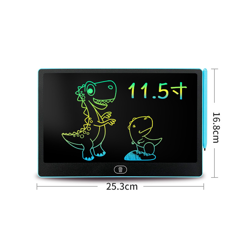 Ein blaues LCD-Schreibtablett mit zwei Dinosaurier-Zeichnungen und der Zahl 11,5.