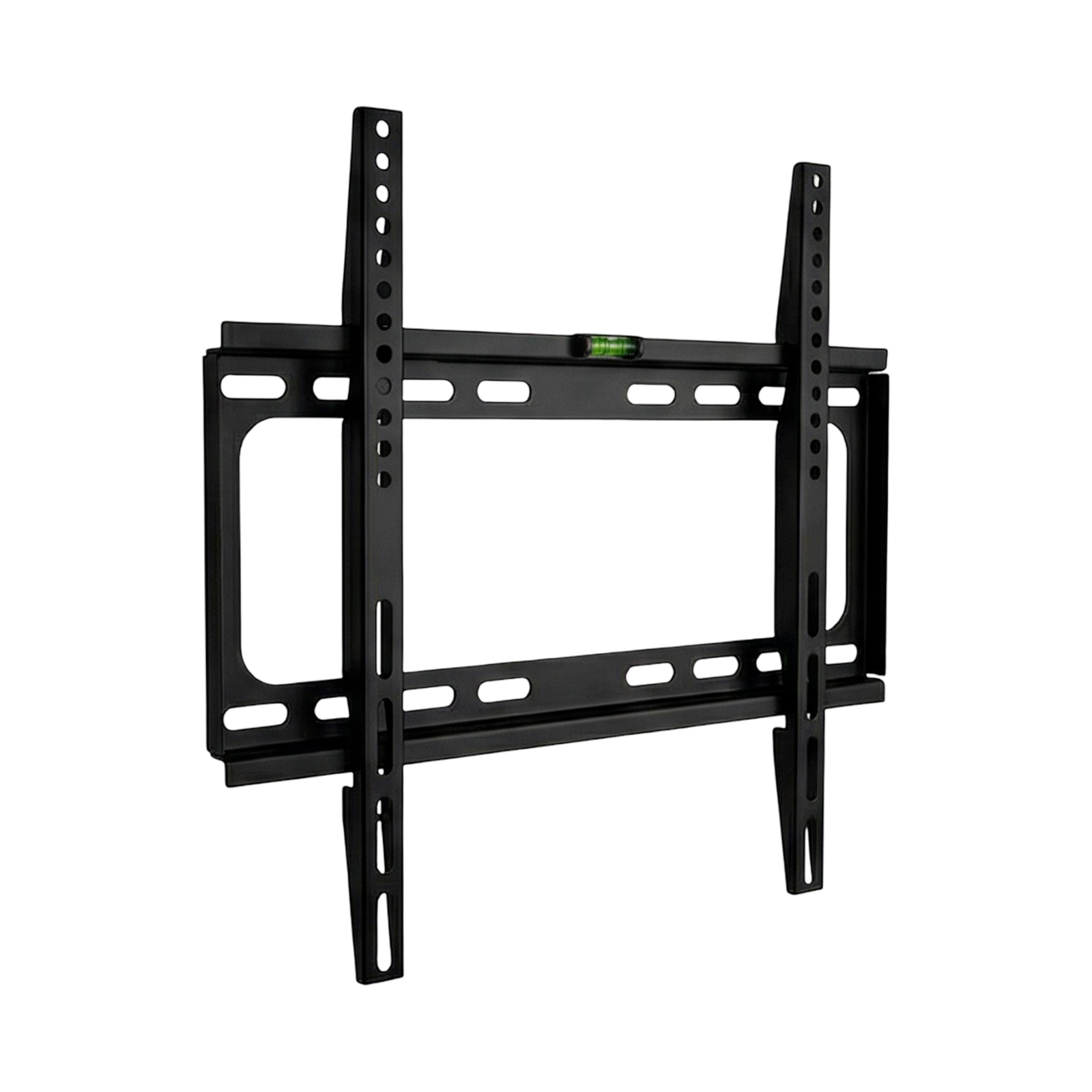 Schwarze TV-Wandhalterung mit Wasserwaage, verstellbare Arme und Lochmuster.