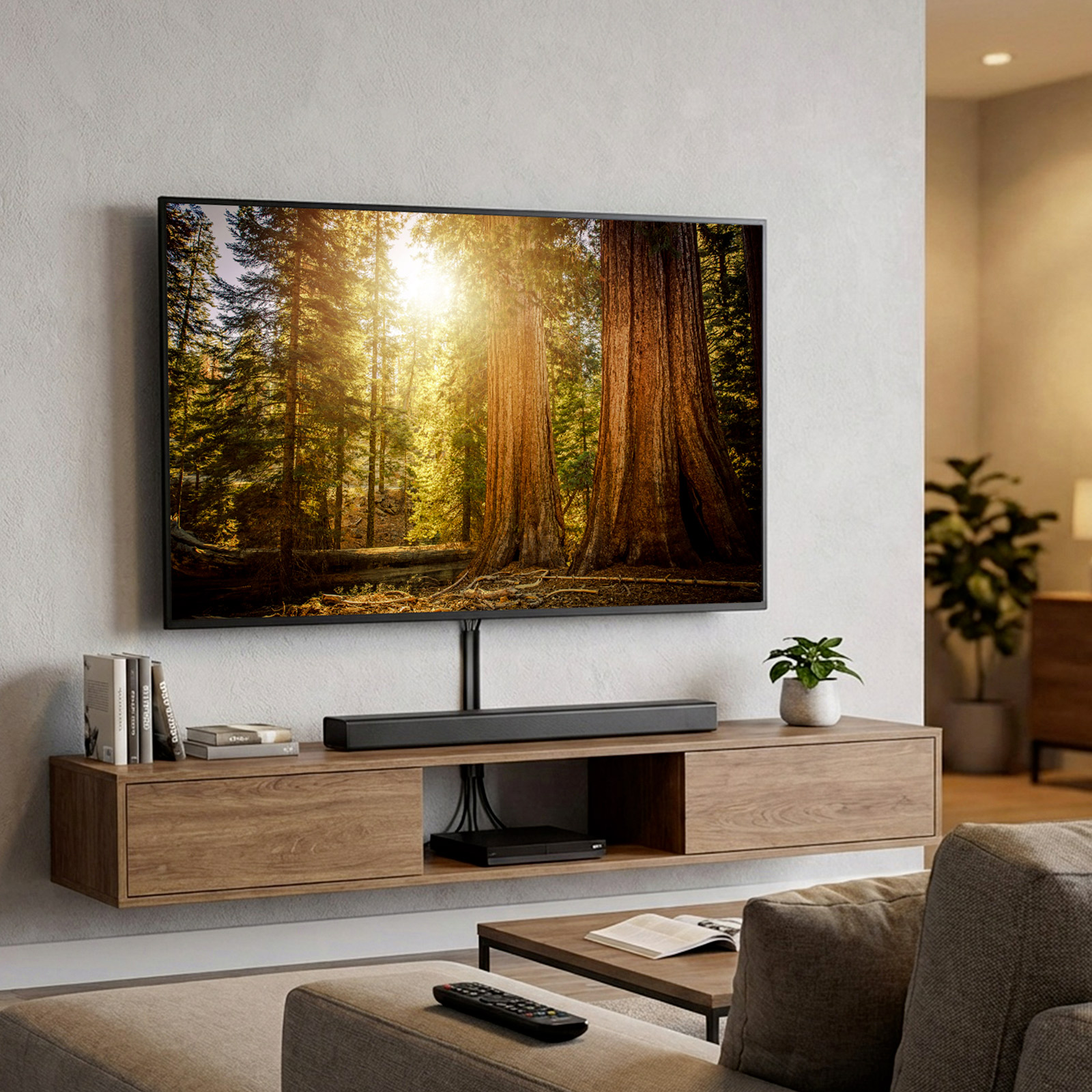 Ein Flachbildfernseher zeigt einen sonnendurchfluteten Wald mit hohen Bäumen.