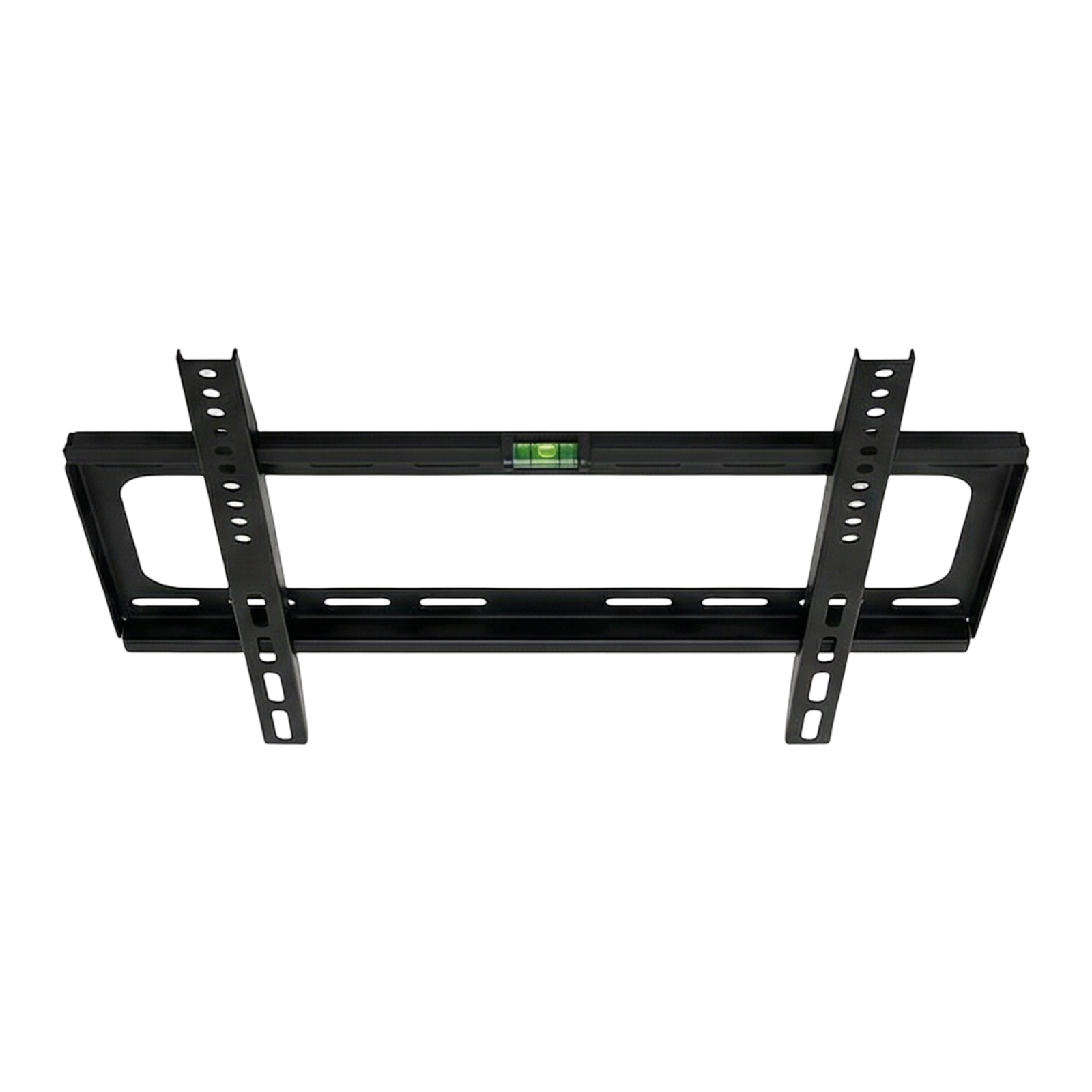 Schwarze TV-Wandhalterung mit integrierter Wasserwaage, verstellbare Arme.
