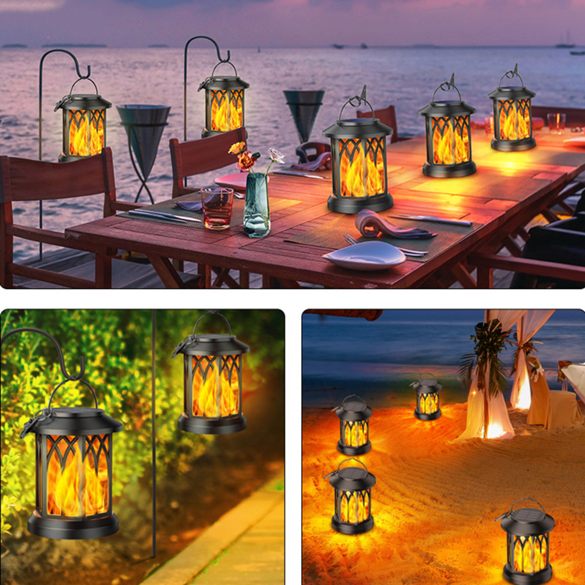 Mehrere Solar-Laternen mit Flammeneffekt beleuchten einen Tisch, einen Garten und einen Strand.