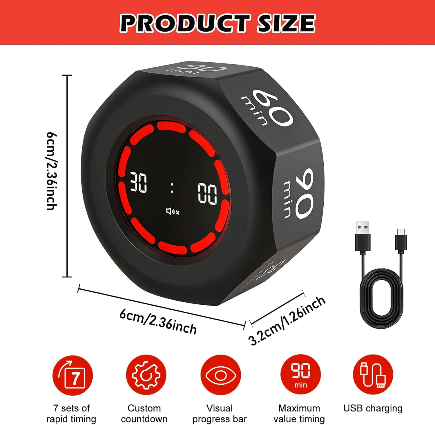 Schwarzer digitaler Timer, 6cm Würfel, mit 30:00 Anzeige und USB-Kabel.