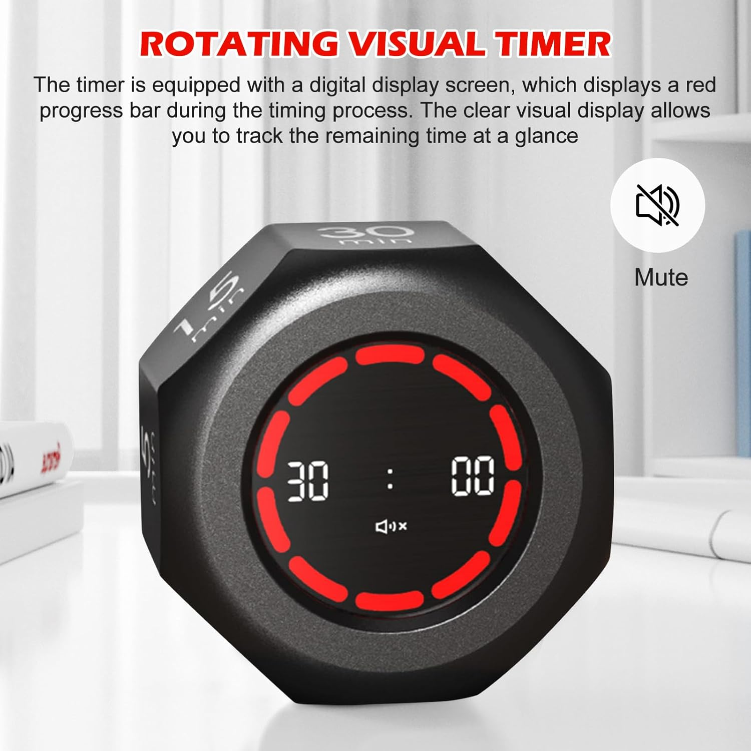 Schwarzer digitaler Timer mit rotem Fortschrittsbalken und Zeitangabe.