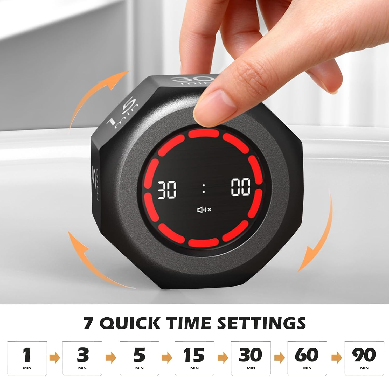 Eine Hand dreht einen schwarzen Timer mit digitaler Anzeige und roten Markierungen.