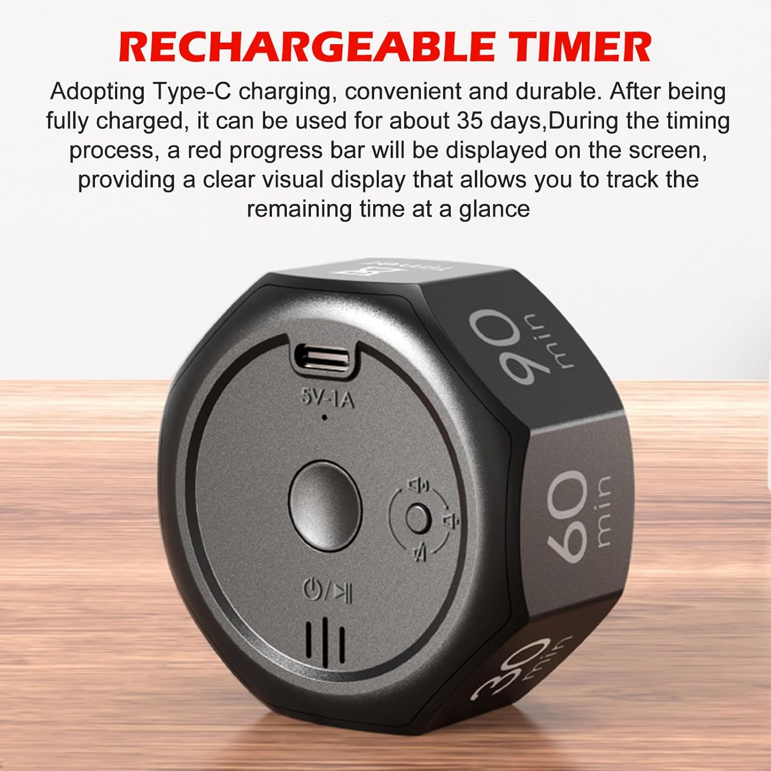 Ein schwarzer sechseckiger Timer mit sichtbaren Angaben '60 min' und '90 min'. Mit Typ-C Ladeanschluss.