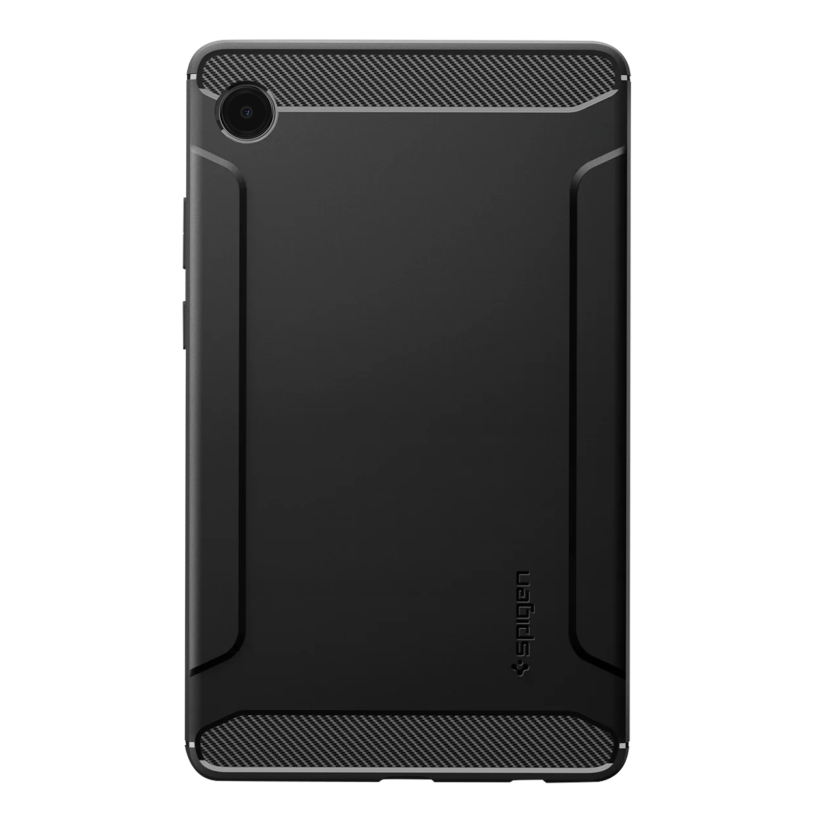 Schwarze Tablet-Rückseite mit Kamera und Carbon-Muster.