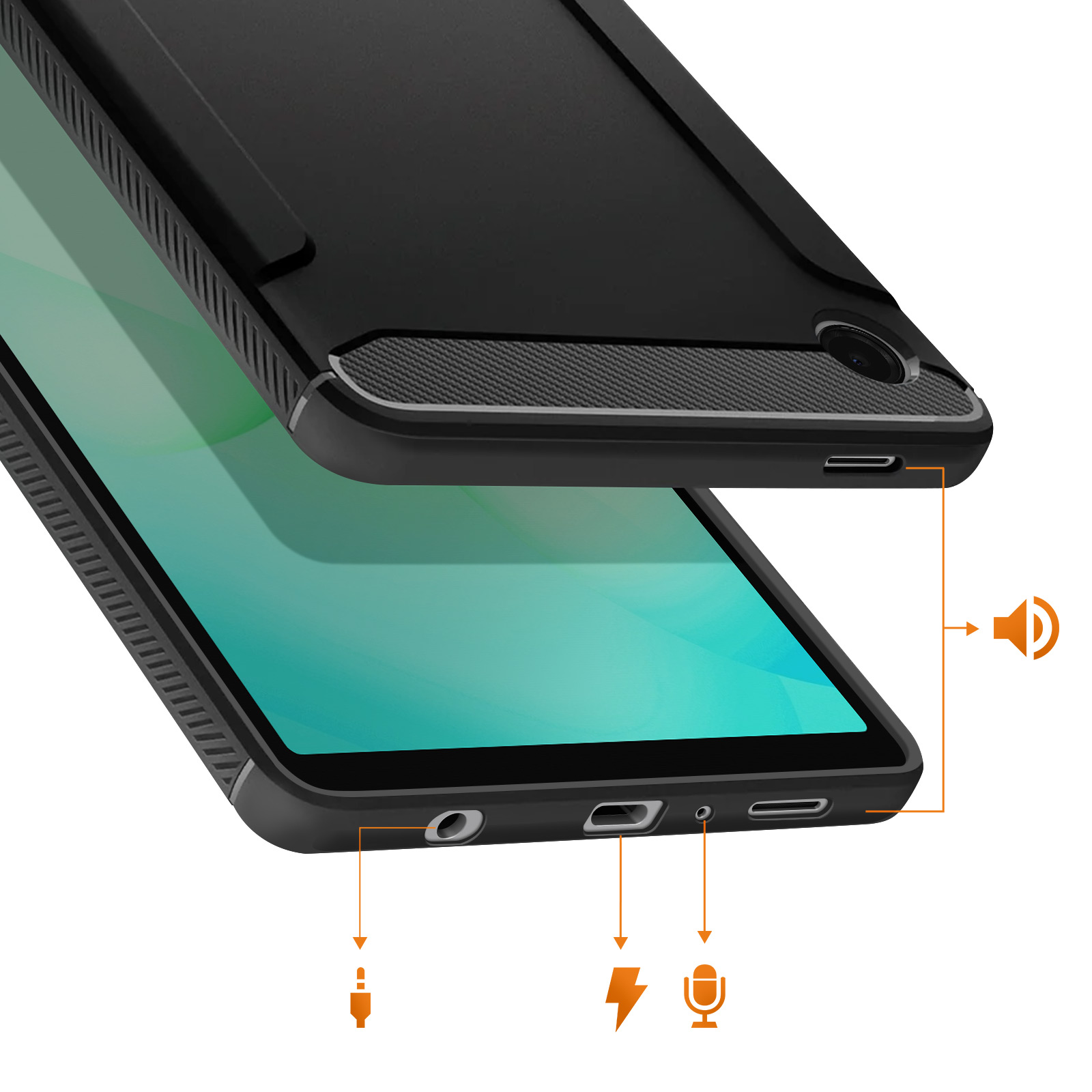 Schwarze Handyhülle mit Anschlüssen und Symbolen für Audio, Laden und Mikrofon.