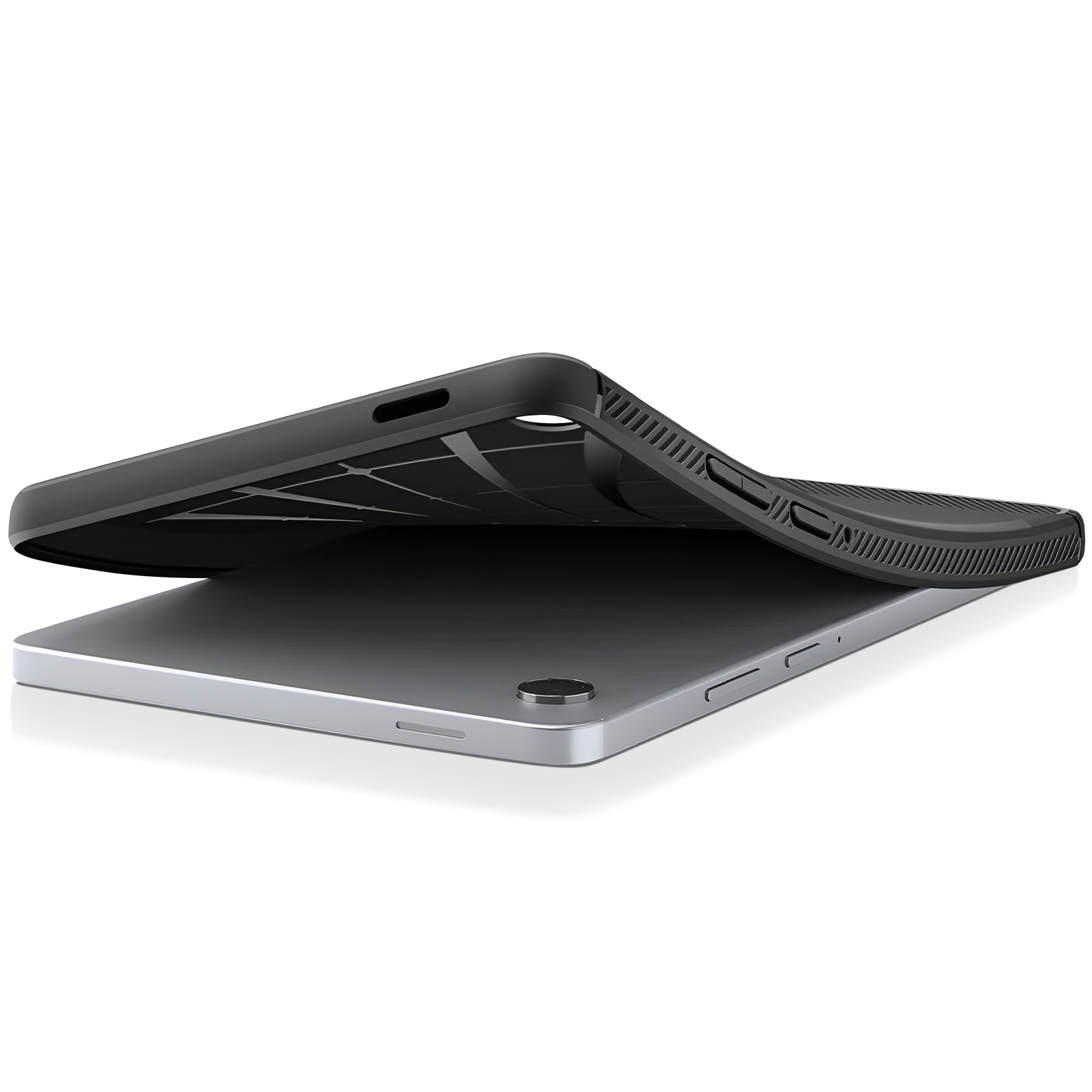 Ein schwarzes Tablet-Case wird über ein silbernes Tablet gelegt.
