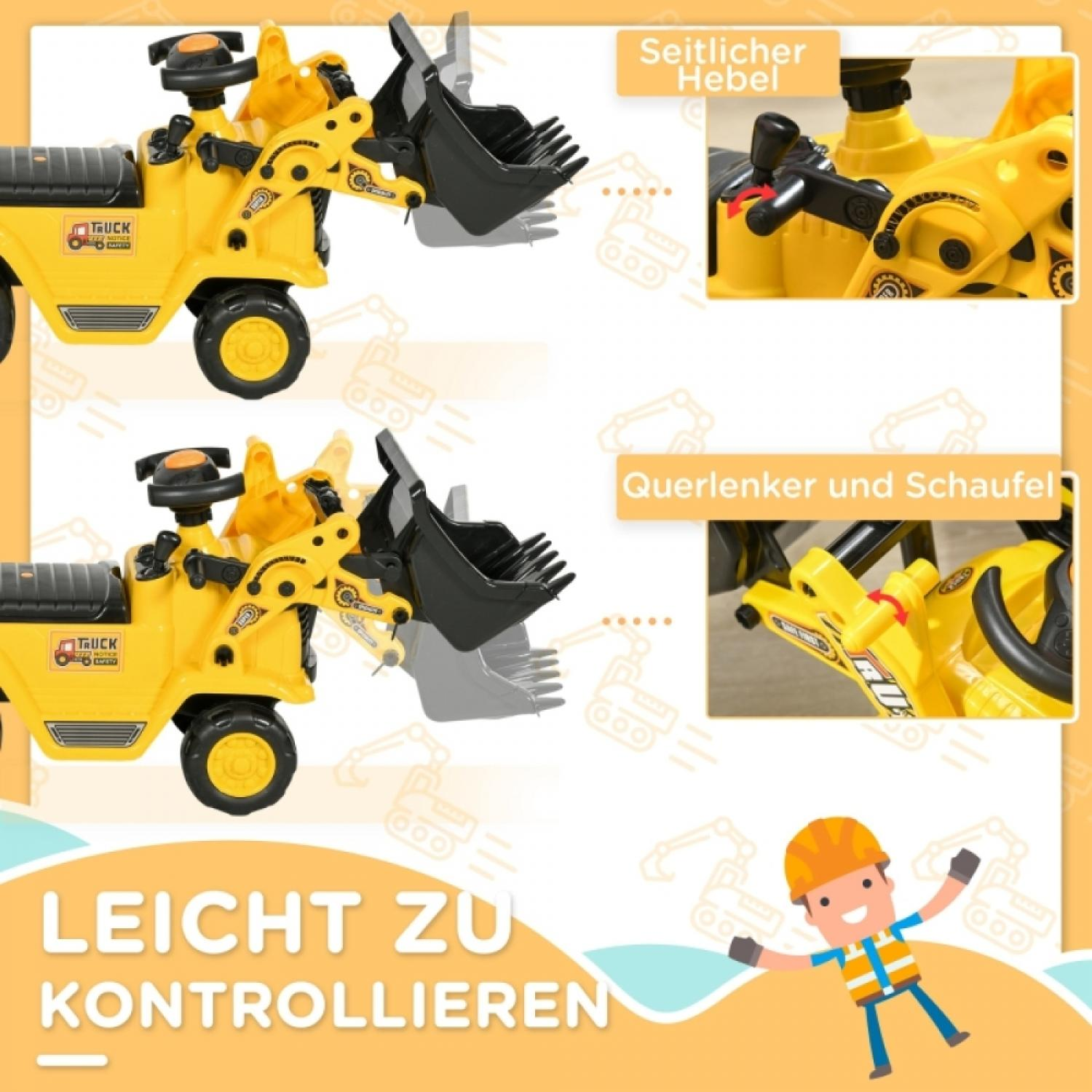 Gelber Bagger mit Schaufel und Hebeln, Bauarbeiter-Illustration.