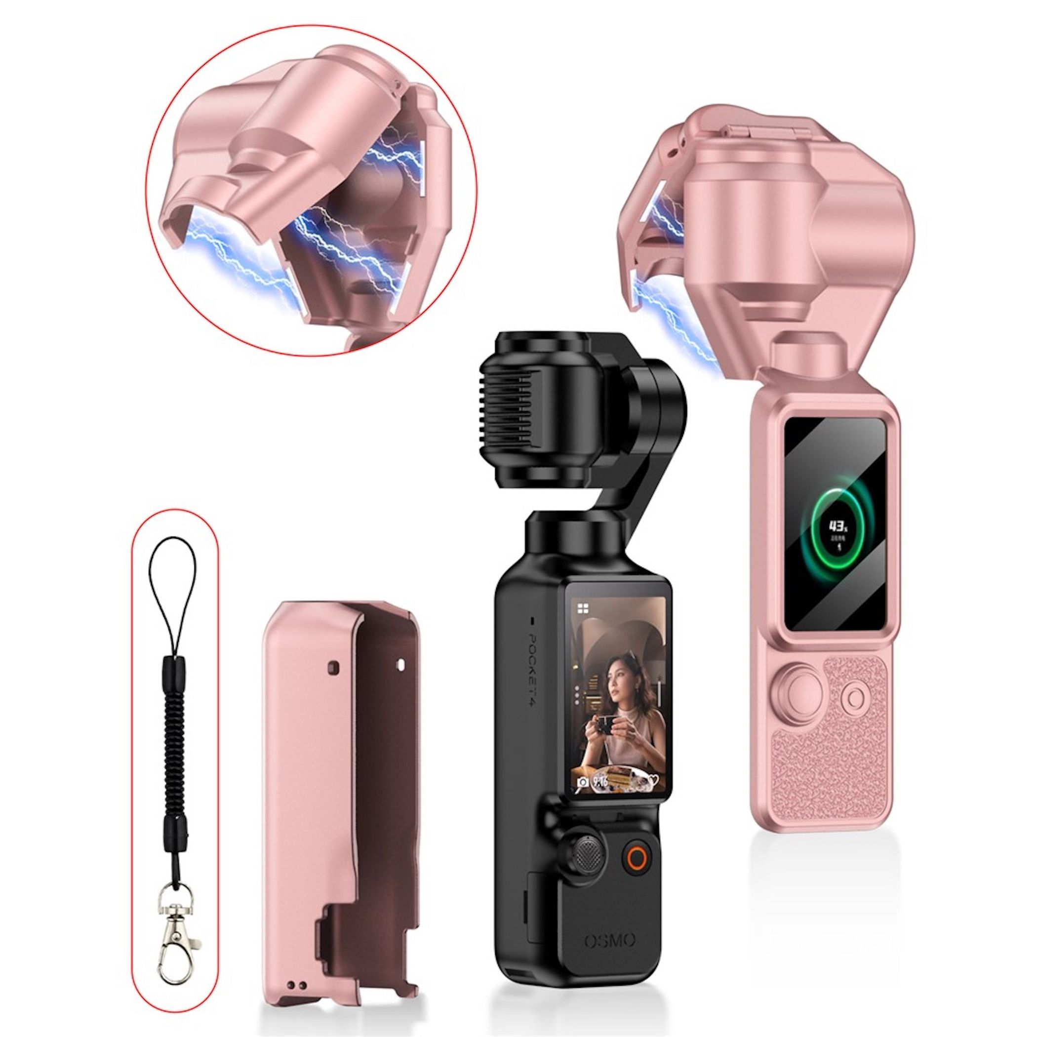Rosa Gimbal-Schutzhülle mit Kamerazubehör und Lanyard auf weißem Hintergrund.