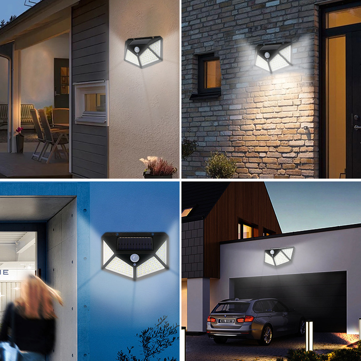 Moderne Solarlampe an Hauswänden, Garage und Mauerwerk montiert.