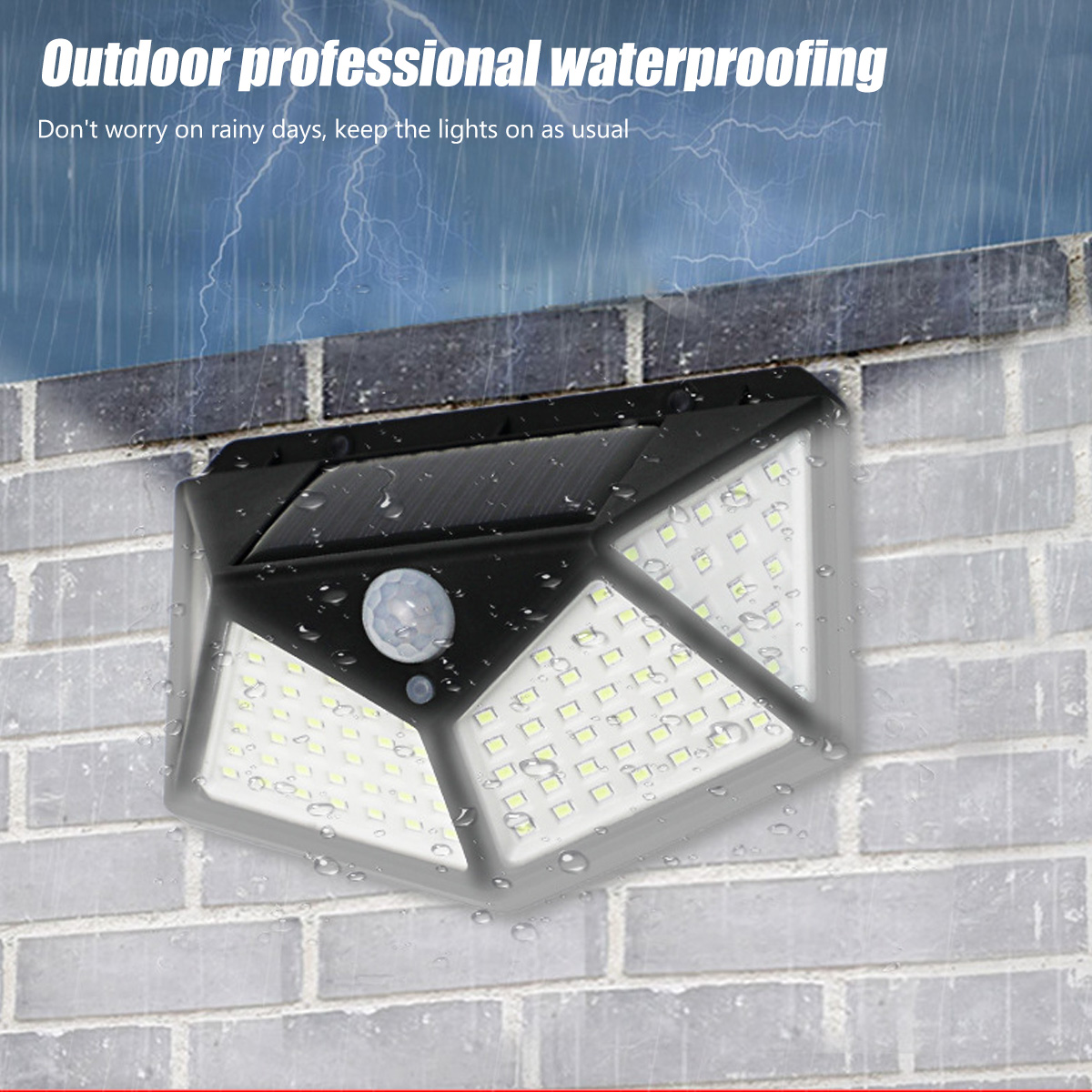 Wasserdichte Außenleuchte mit vielen LEDs und Bewegungssensor an einer Ziegelwand.