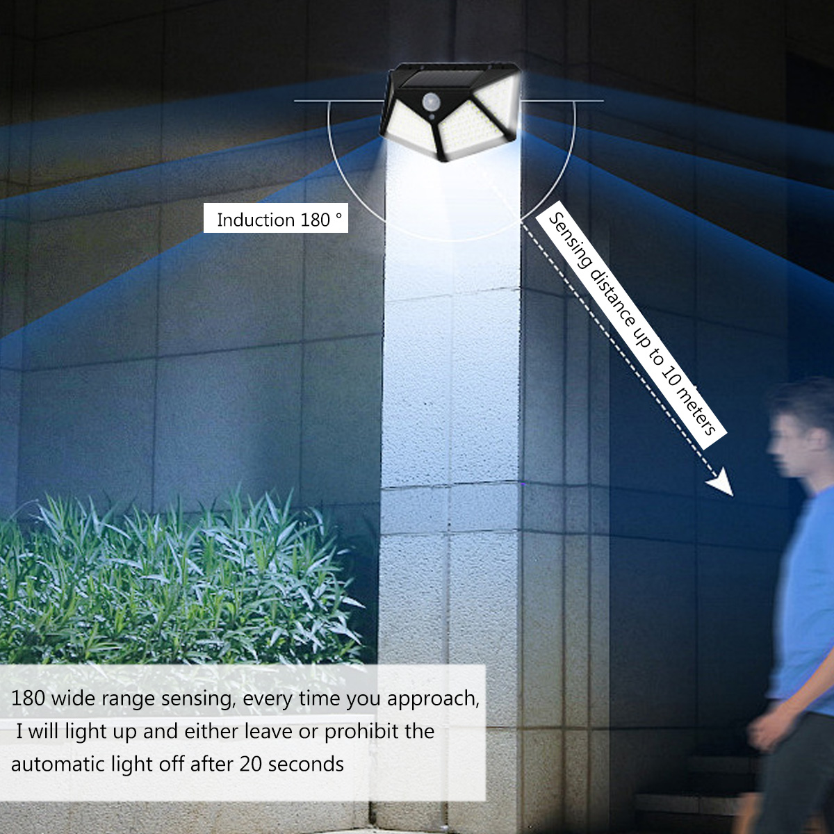 Eine Solarleuchte mit 180° Erfassungsbereich und 10m Reichweite beleuchtet einen Weg.
