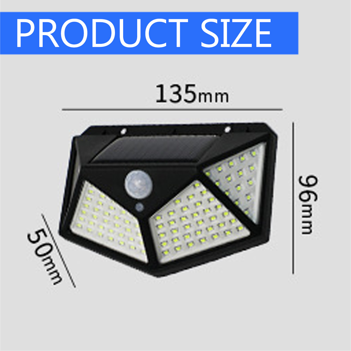Schwarze Solarleuchte, 135x96x50mm, mit Bewegungssensor und LEDs.