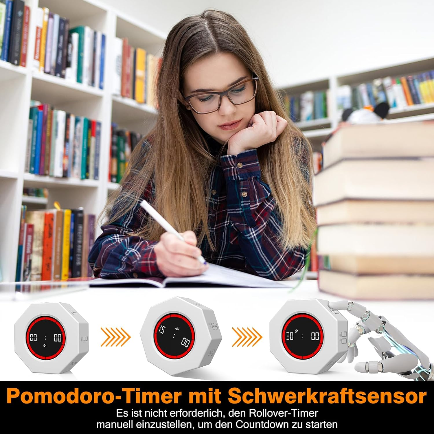 Ein Mädchen lernt in einer Bibliothek, daneben ein Timer, der umgestellt wird.