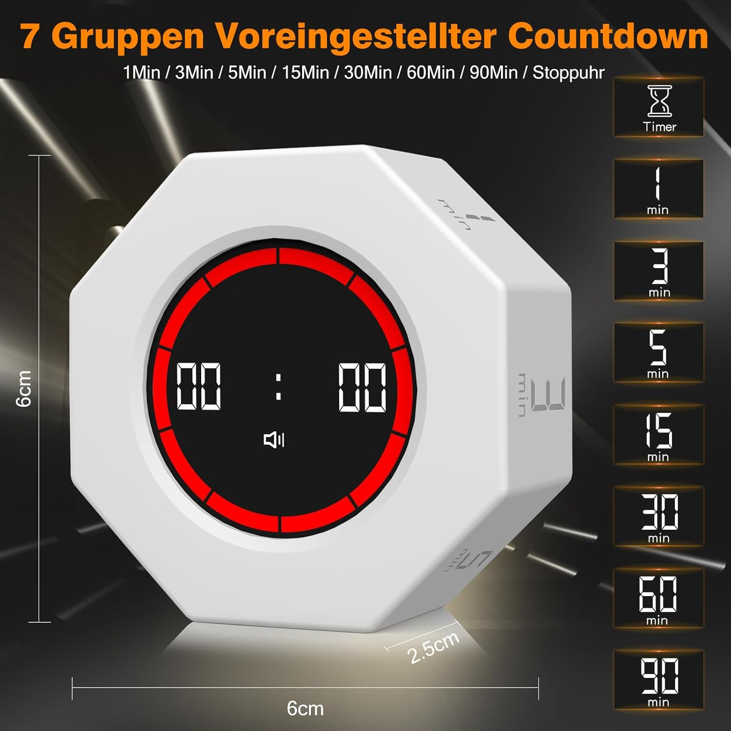 Ein weißer digitaler Timer mit rotem Kreis und Zahlen. Maße 6x6cm.