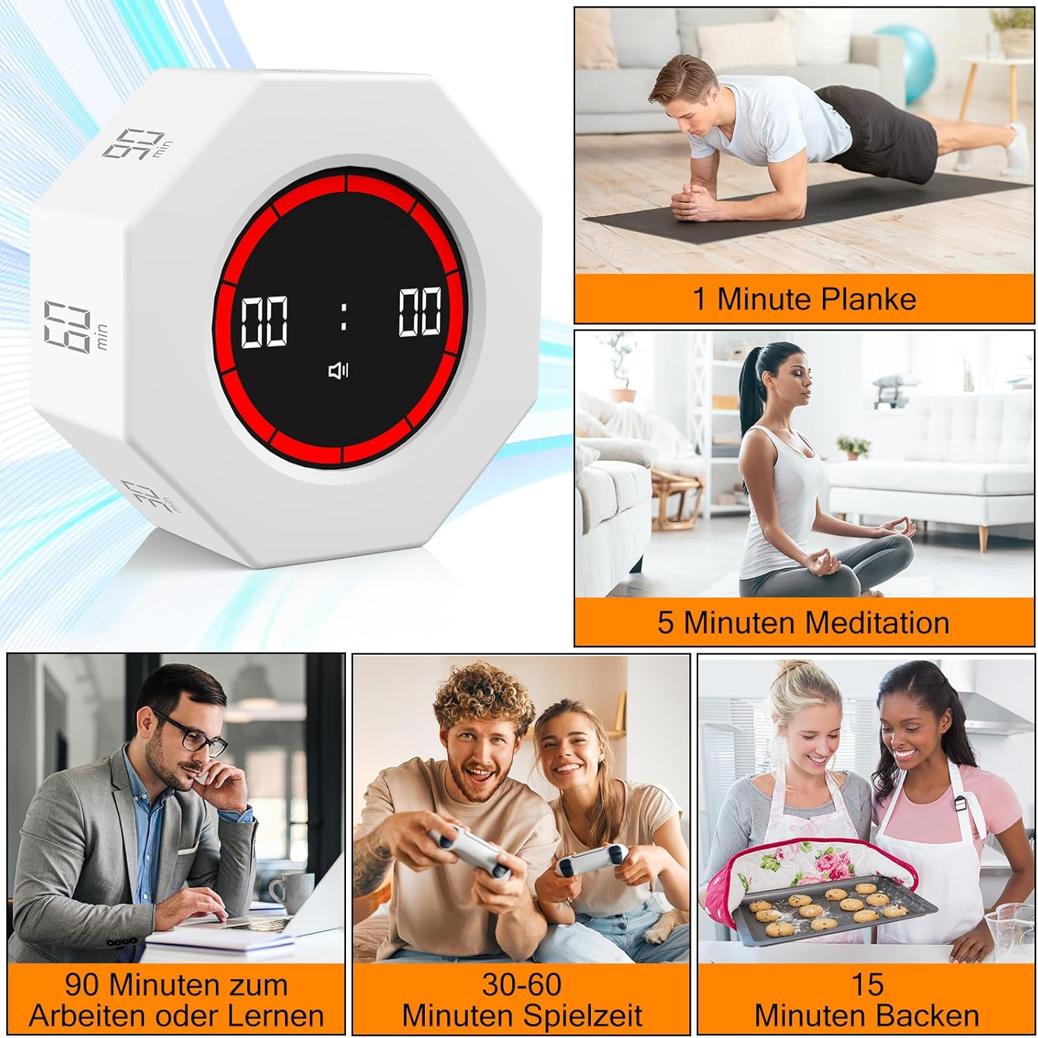 Ein weißer Timer mit rotem Ring und digitalen Anzeigen, umgeben von Szenen von Fitness, Meditation, Arbeit und Backen.