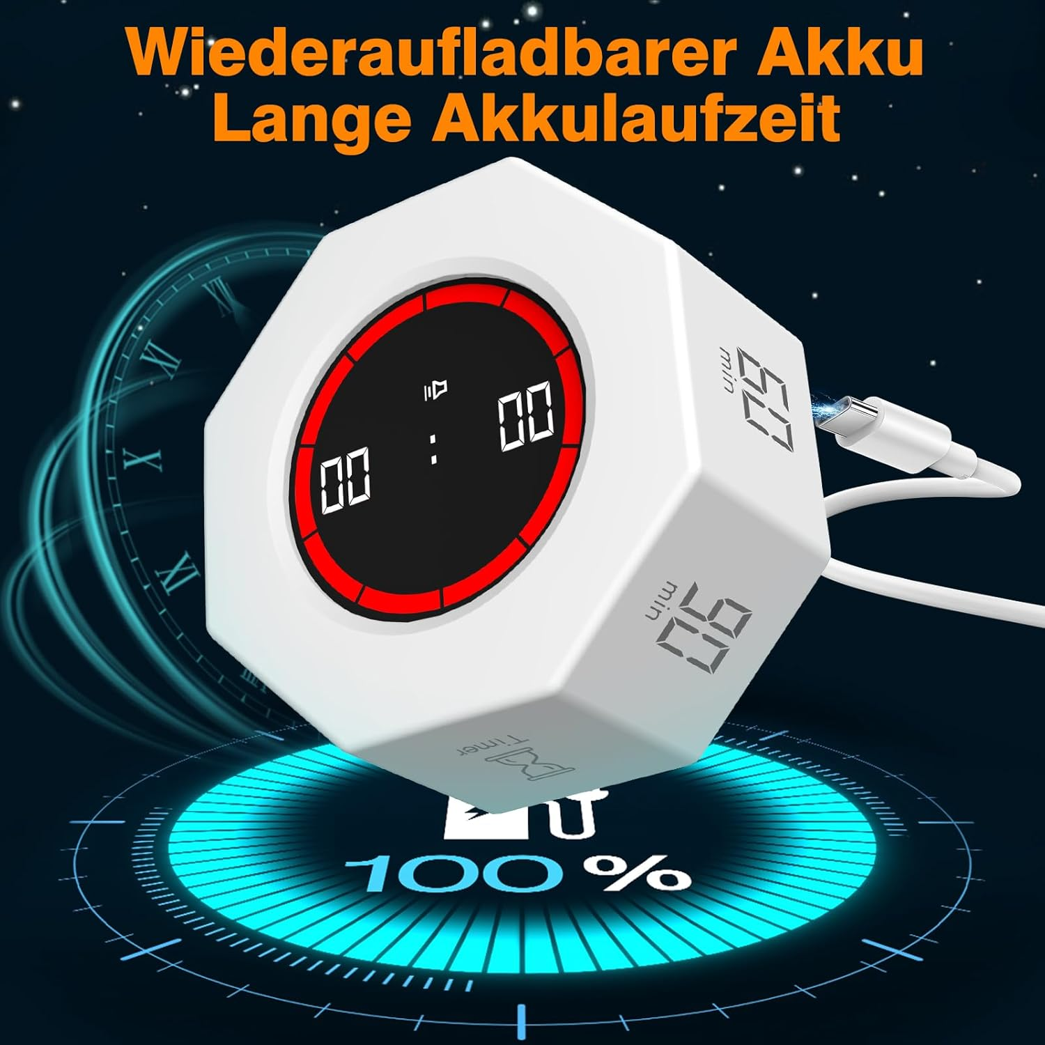 Weißer Digitaltimer mit USB-C-Ladefunktion, zeigt 00:00 an. 100% Akkusymbol.
