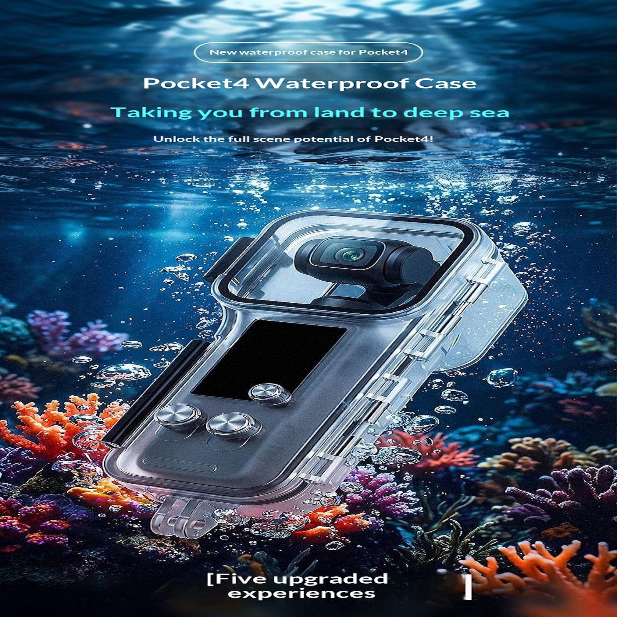 Wasserdichte Hülle für Pocket4 mit Kamera unter Wasser, Korallen und Blasen.