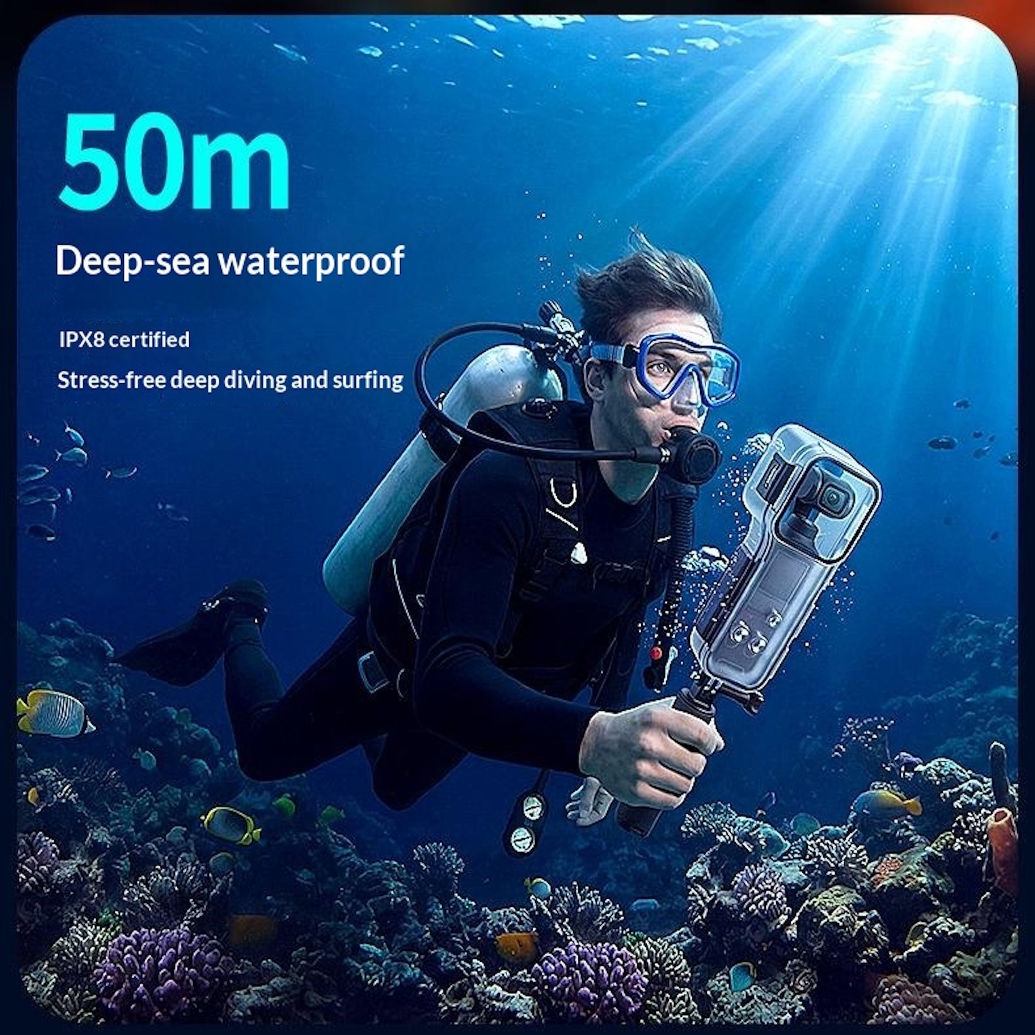 Ein Taucher mit Kamera schwimmt in einem Korallenriff, 50m tief, wasserdicht.