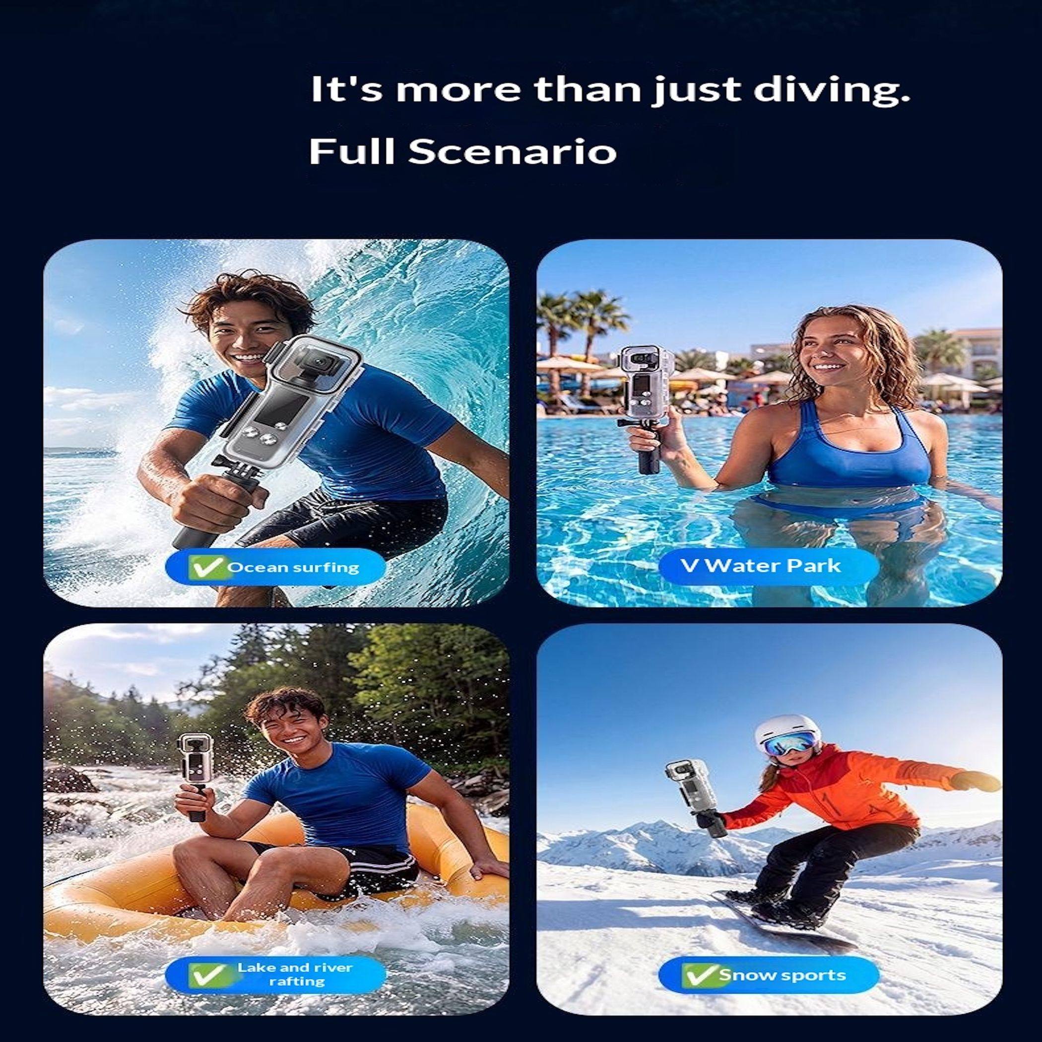 Vier Szenen: Surfen, Wasserpark, Rafting, Snowboarden. Männer und Frauen halten Kameras.