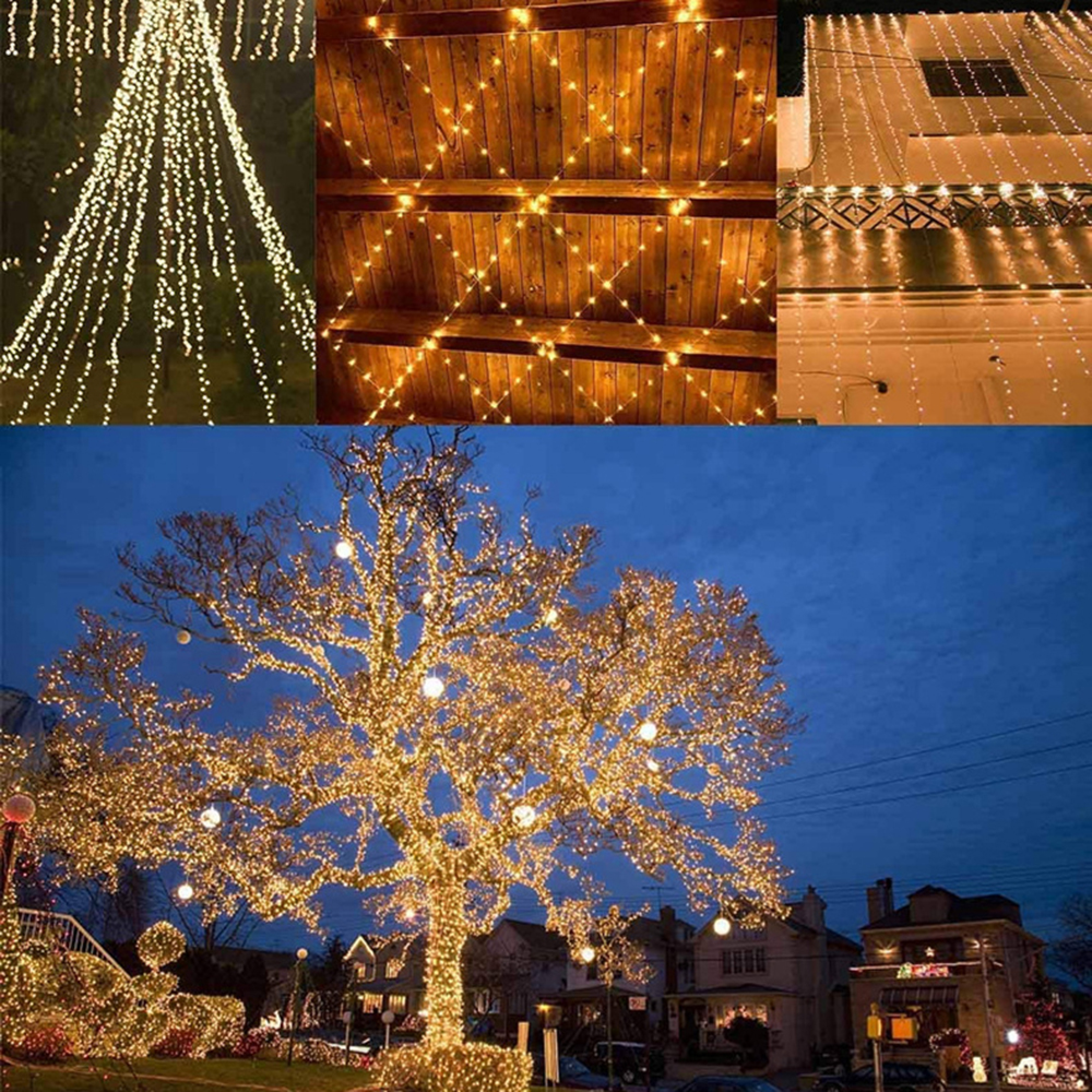 Viele Lichterketten schmücken einen Baum, ein Dach und ein Gebäude.