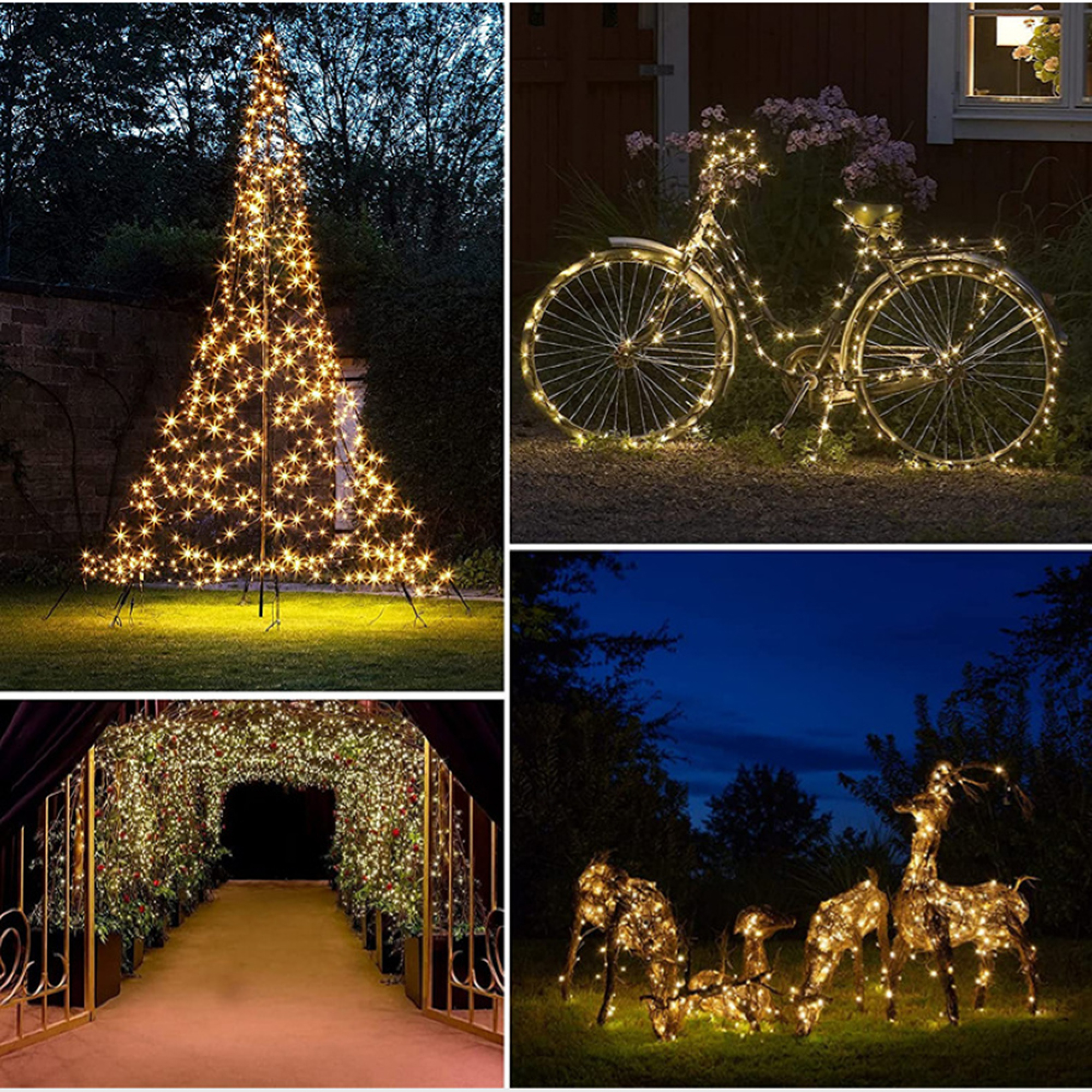 Collage von Weihnachtslicht-Displays im Freien: Baum, Fahrrad, Torbogen und Rehe.