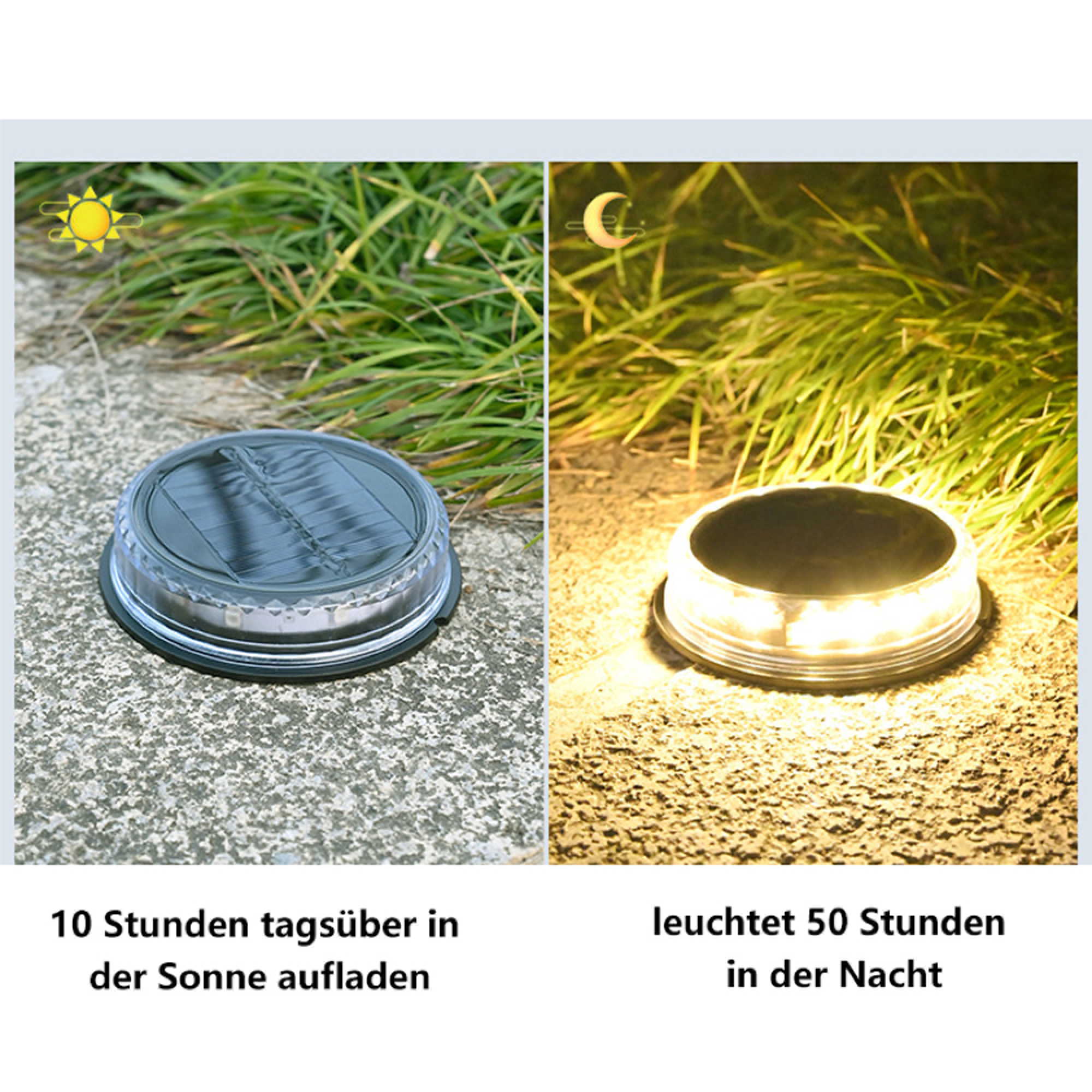 Solarleuchte am Tag lädt auf, in der Nacht leuchtet sie.