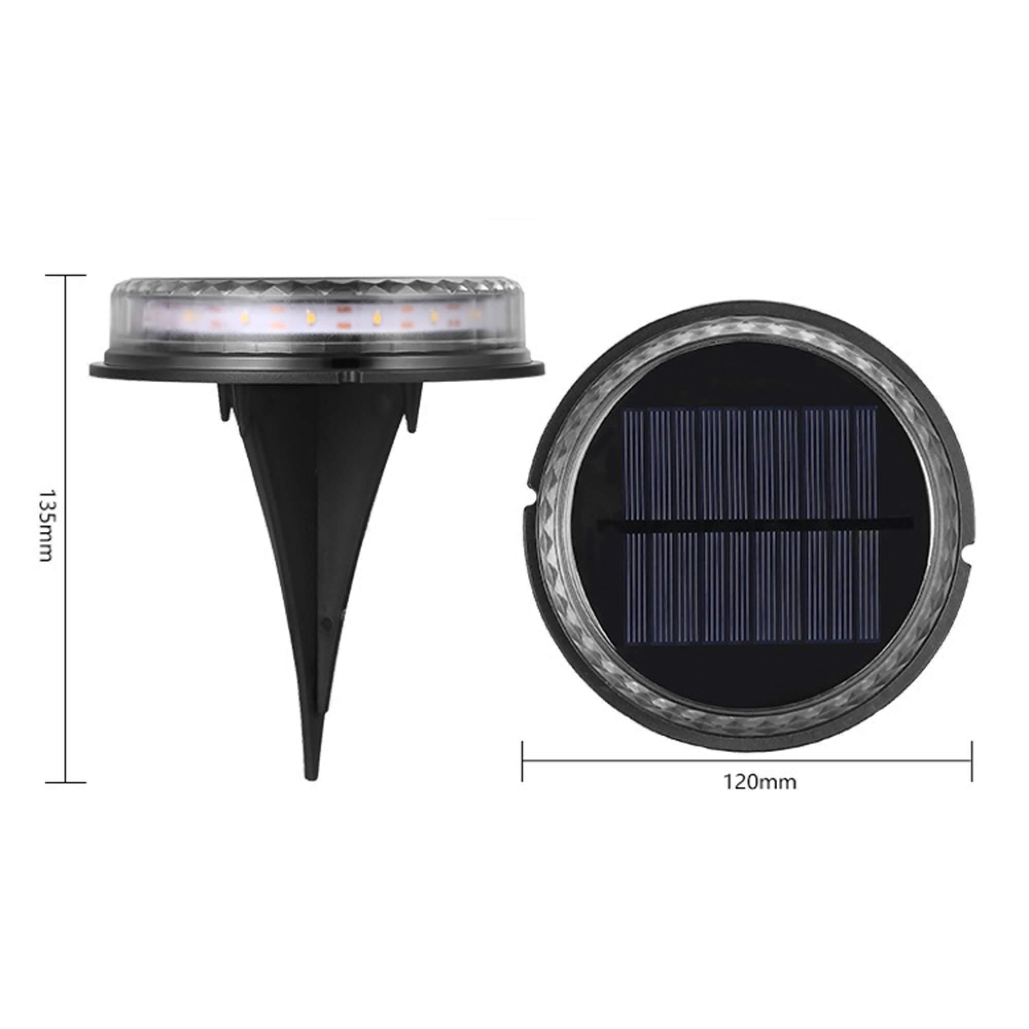 Solarleuchte mit Erdspieß und Solarpanel. Maße: 135mm Höhe, 120mm Breite.