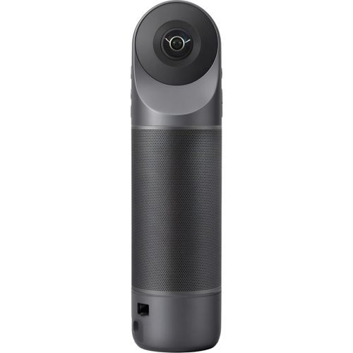 Un altoparlante fotocamera 360 grigio con obiettivo in alto e motivo a griglia.