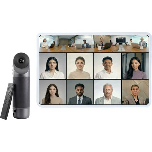 Altoparlante per videoconferenze grigio con telecomando e schermo che mostra 9 persone.
