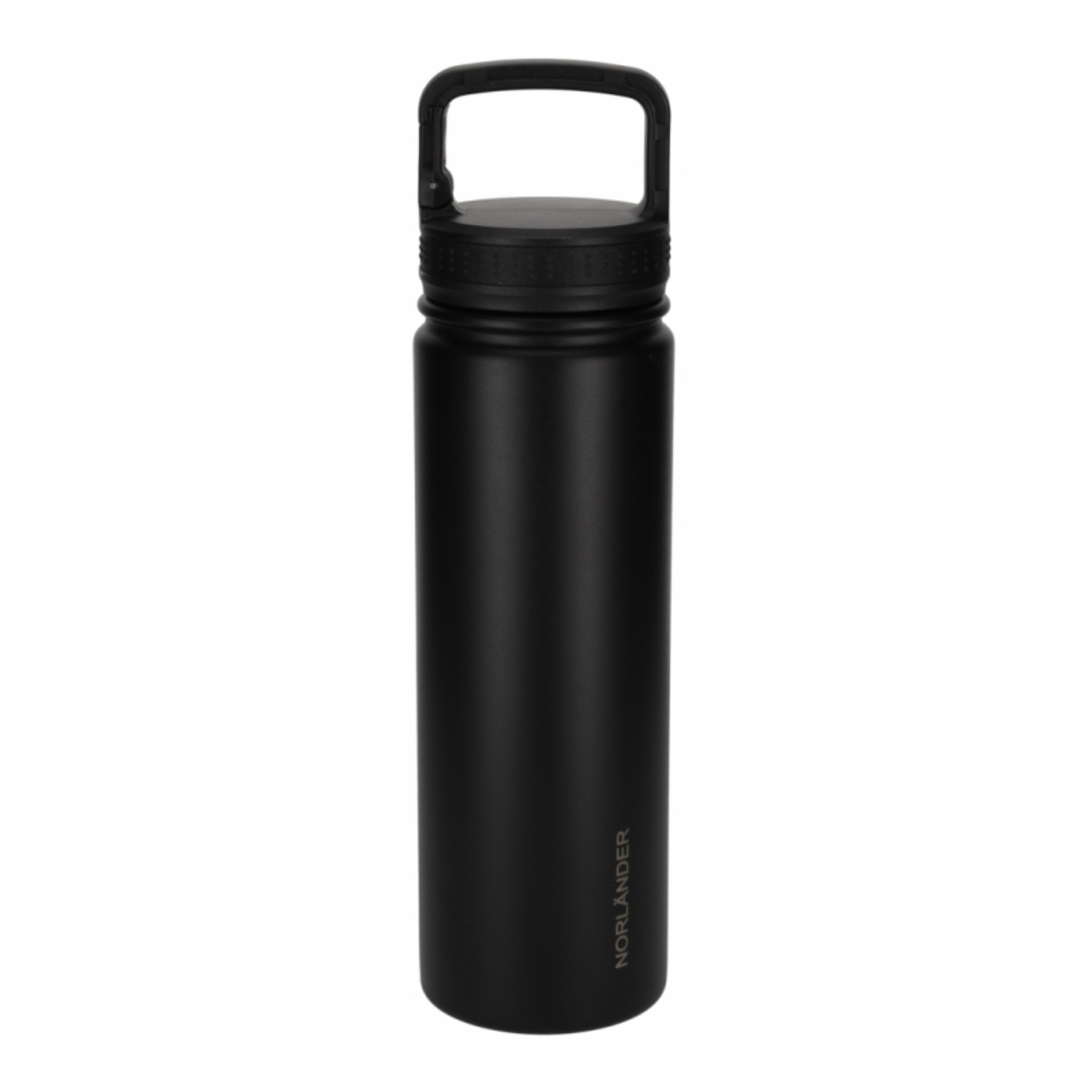 Een zwarte drinkfles met handvat en zwart deksel staat op een witte achtergrond.