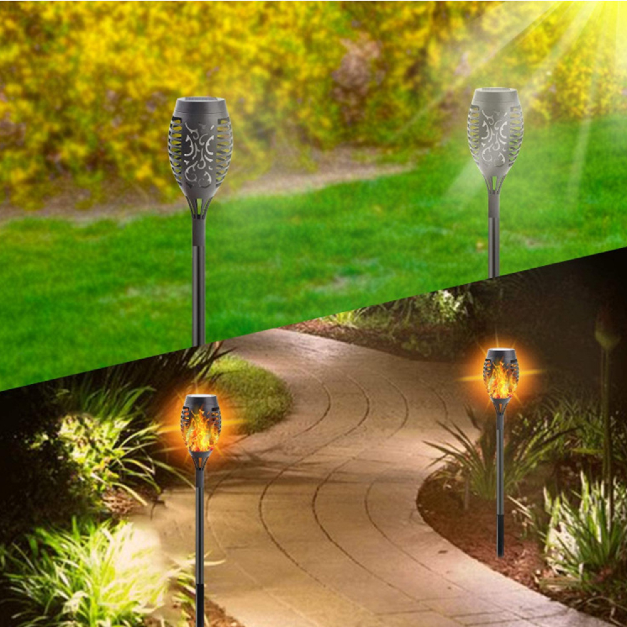 Zwei Solarlampen im Garten: eine tagsüber, eine nachts mit Flamme.