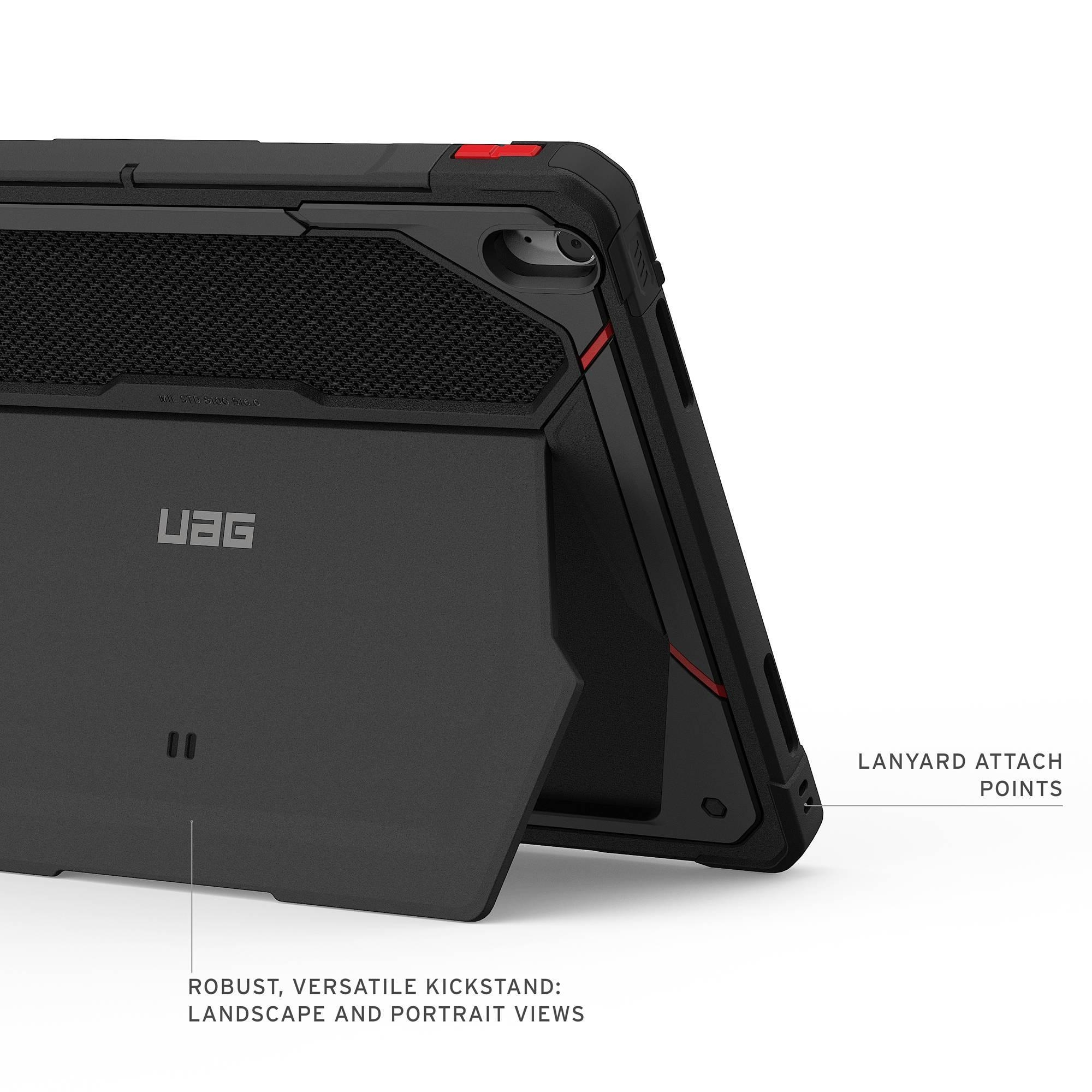 Schwarze UAG-Hülle für Tablet mit Ständer und Tragebandösen.
