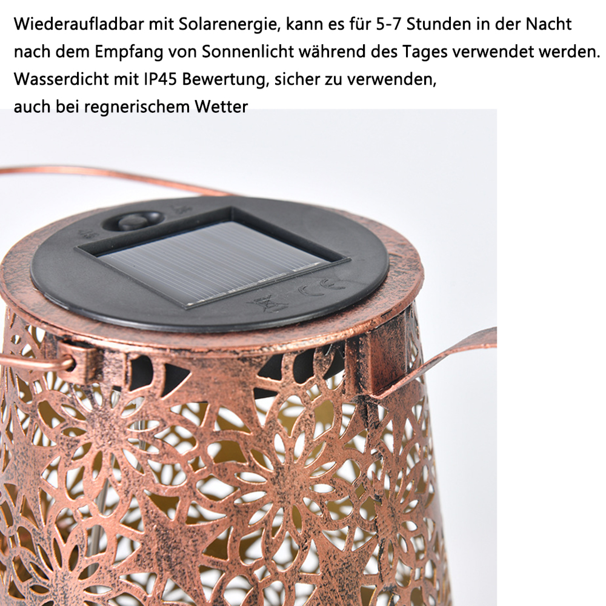 Kupferfarbene Solarlaterne mit detailliertem Muster, Solarpanel oben.