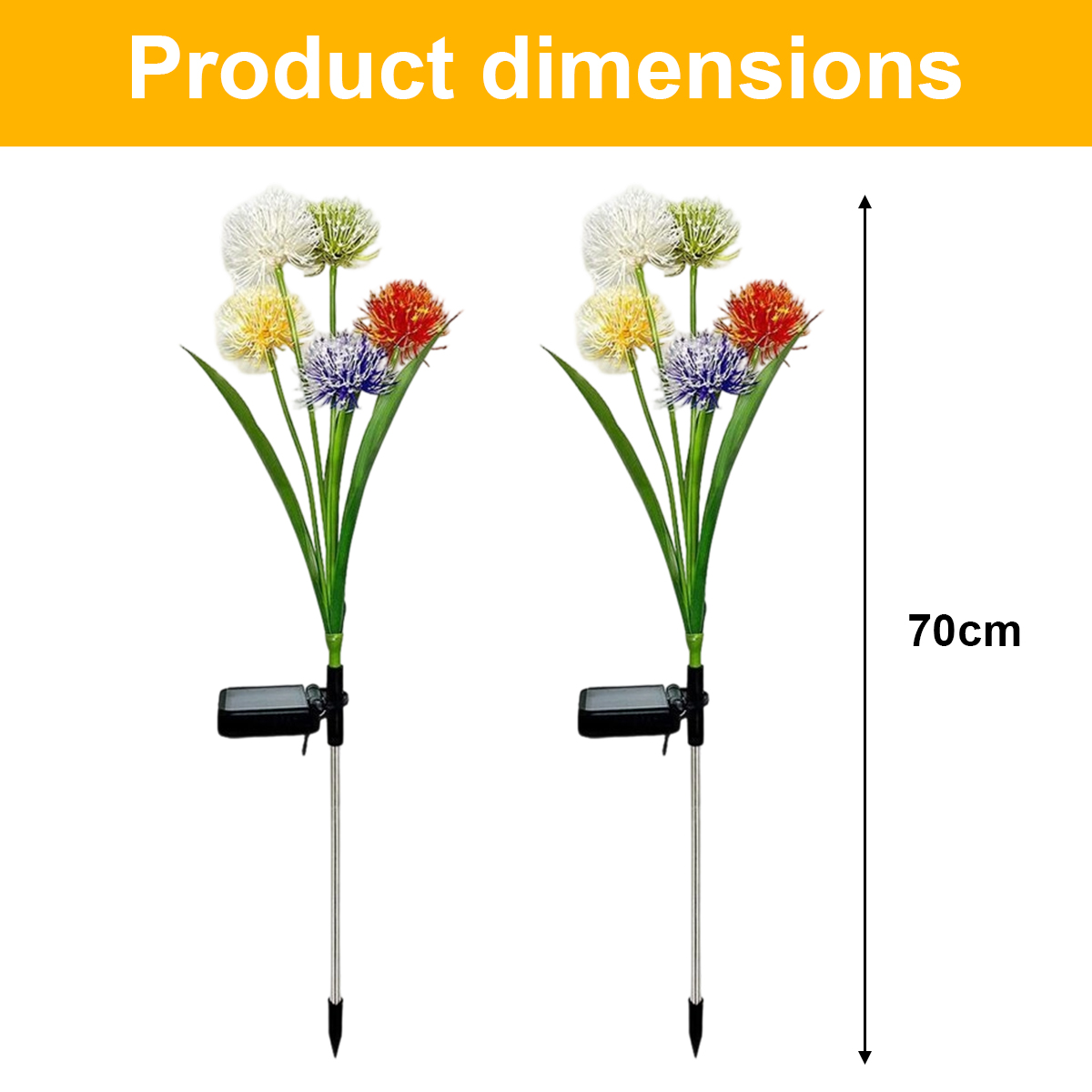 Zwei 70cm hohe Solarlampen in Blumenform mit weißen, gelben, roten und blauen Blüten.