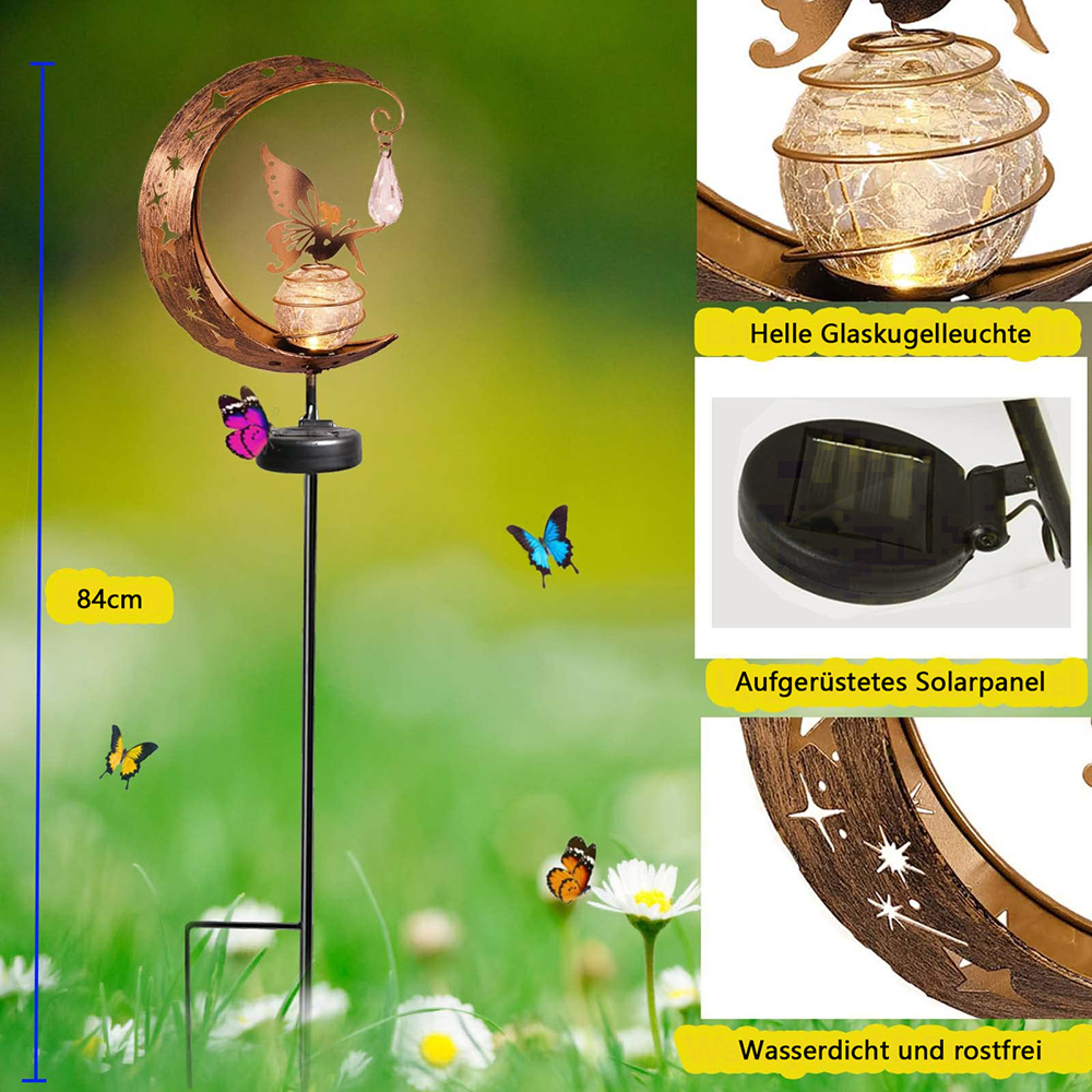 Gartenstecker mit Mond, Fee und Glaskugel, 84cm hoch.