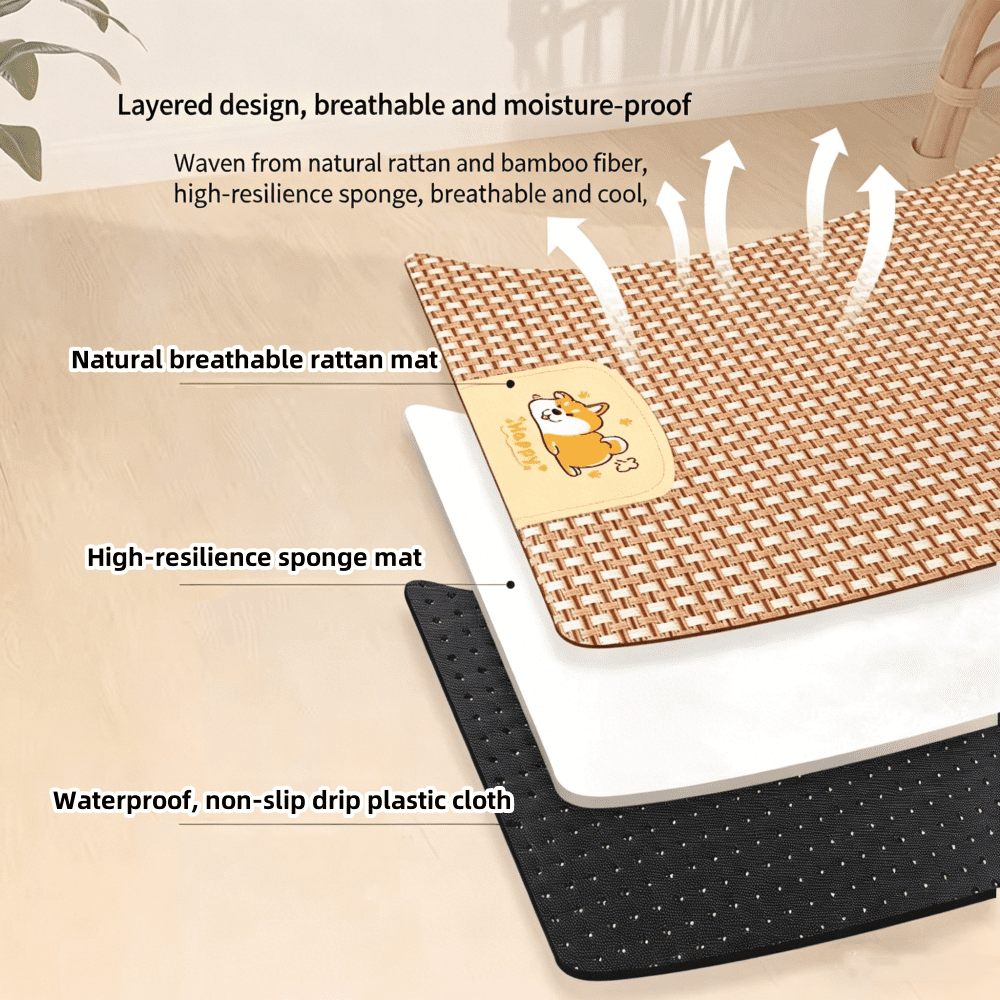 Mehrschichtige Haustiermatte: Rattan, Schwamm und rutschfester Stoff. Mit süßem Corgi.