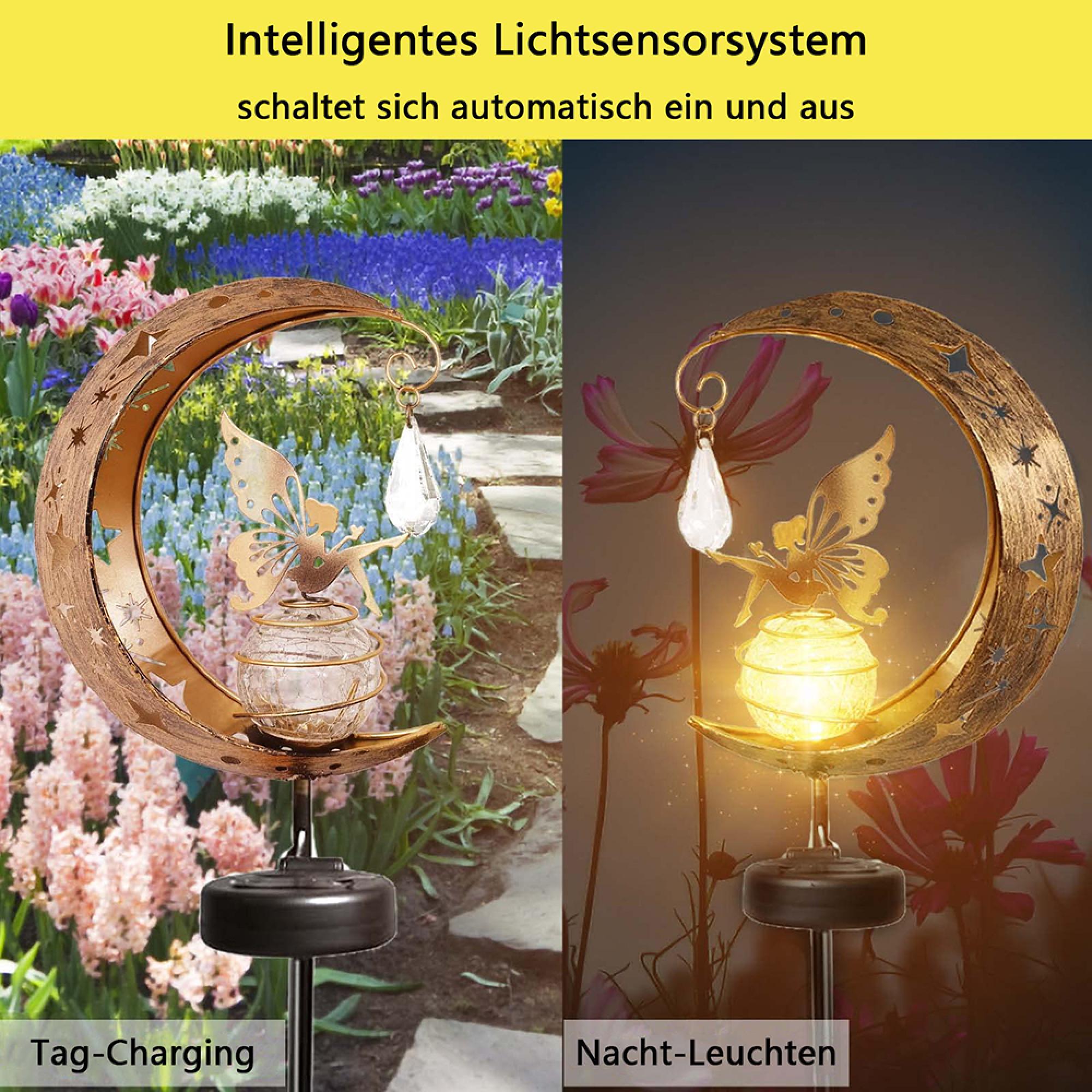 Mondlaterne mit Fee, tagsüber lädt sie, nachts leuchtet sie. Blumen im Hintergrund.