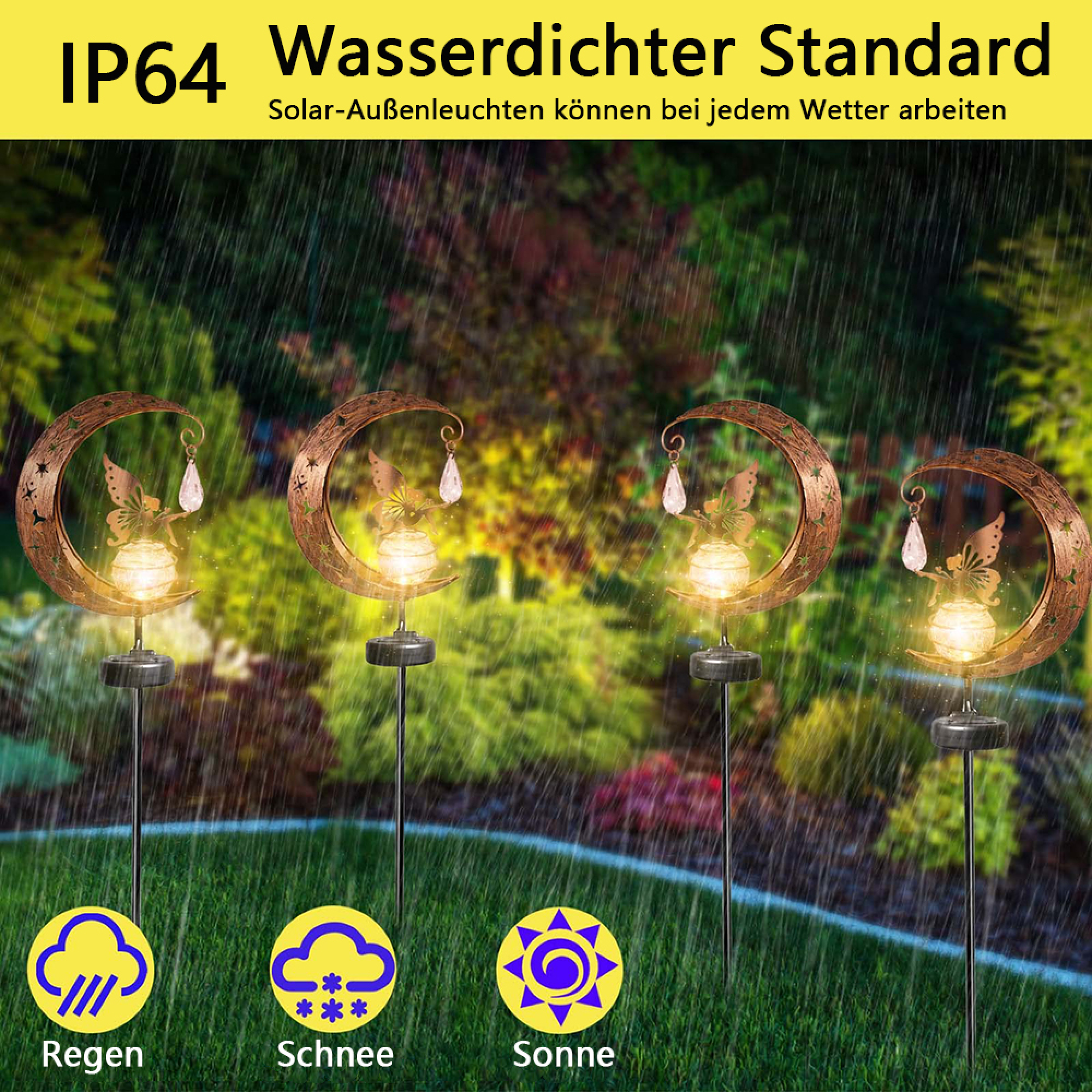 Vier Mond-Solarleuchten mit Feenmotiv im Regen. Symbole für Regen, Schnee, Sonne.