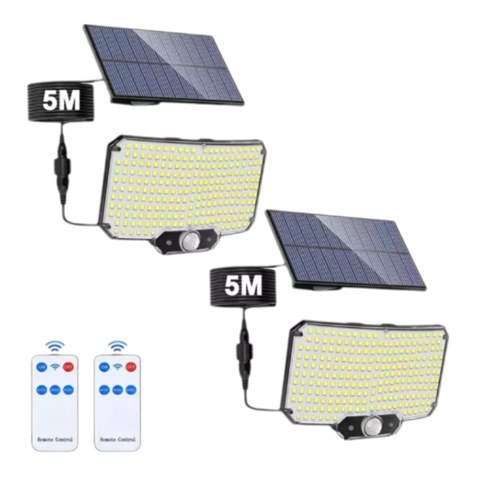 Zwei Solarleuchten mit 5m Kabel und Fernbedienungen auf weißem Hintergrund.